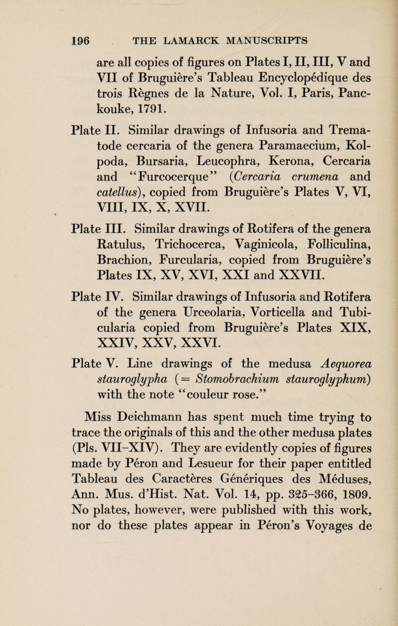 are all copies of figures on Plates I, II, III, V and VII of Bruguiere’s Tableau Encyclopédique des trois Règnes de la Nature, Vol. I, Paris, Panc- kouke, 1791. Plate II. Similar drawings of Infusoria and Trema- tode cercaria of the genera Paramaecium, Kol- poda, Bursaria, Leucophra, Kerona, Cercaria and ‘‘Furcocerque” {Cercaria crumena and catellus), copied from Bruguière’s Plates V, VI, VIII, IX, X, XVII. Plate III. Similar drawings of Rotifera of the genera Ratulus, Trichocerca, Vaginicola, Folliculina, Brachion, Furcularia, copied from Bruguière’s Plates IX, XV, XVI, XXI and XXVII. Plate IV. Similar drawings of Infusoria and Rotifera of the genera Urceolaria, Vorticella and Tubi- cularia copied from Bruguière’s Plates XIX, XXIV, XXV, XXVI. Plate V. Line drawings of the medusa Aequorea stauroglypha (= Stomobrachium stauroglyphum) with the note “couleur rose.” Miss Deichmann has spent much time trying to trace the originals of this and the other medusa plates (Pis. VII-XIV). They are evidently copies of figures made by Pérou and Lesueur for their paper entitled Tableau des Caractères Génériques des Méduses, Ann. Mus. d’Hist. Nat. Vol. 14, pp. 3^5-366, 1809. No plates, however, were published with this work, nor do these plates appear in Péron’s Voyages de