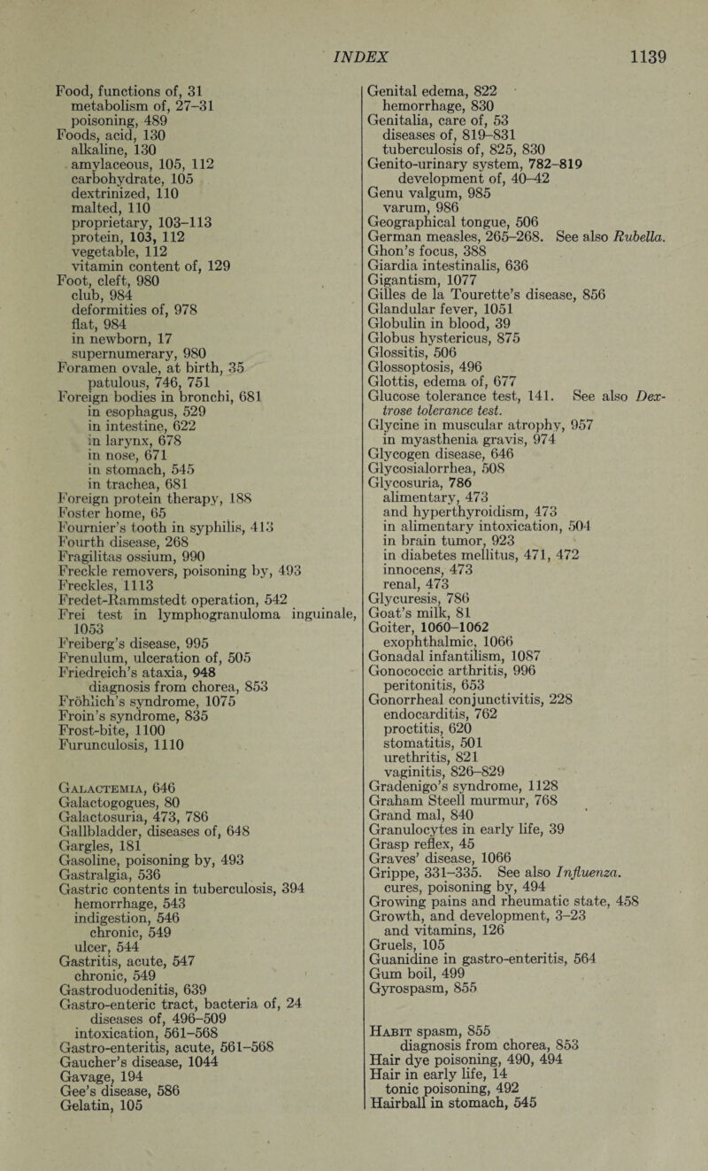 Food, functions of, 31 metabolism of, 27-31 poisoning, 489 Foods, acid, 130 alkaline, 130 amylaceous, 105, 112 carbohydrate, 105 dextrinized, 110 malted, 110 proprietary, 103-113 protein, 103, 112 vegetable, 112 vitamin content of, 129 Foot, cleft, 980 club, 984 deformities of, 978 flat, 984 in newborn, 17 supernumerary, 980 Foramen ovale, at birth, 35 patulous, 746, 751 Foreign bodies in bronchi, 681 in esophagus, 529 in intestine, 622 in larynx, 678 in nose, 671 in stomach, 545 in trachea, 681 Foreign protein therapy, 188 Foster home, 65 Fournier’s tooth in syphilis, 413 Fourth disease, 268 Fragilitas ossium, 990 Freckle removers, poisoning by, 493 Freckles, 1113 Fredet-Rammstedt operation, 542 Frei test in lymphogranuloma inguinale, 1053 Freiberg’s disease, 995 Frenulum, ulceration of, 505 Friedreich’s ataxia, 948 diagnosis from chorea, 853 Frohlich’s syndrome, 1075 Froin’s syndrome, 835 Frost-bite, 1100 Furunculosis, 1110 Galactemia, 646 Galactogogues, 80 Galactosuria, 473, 786 Gallbladder, diseases of, 648 Gargles, 181 Gasoline, poisoning by, 493 Gastralgia, 536 Gastric contents in tuberculosis, 394 hemorrhage, 543 indigestion, 546 chronic, 549 ulcer, 544 Gastritis, acute, 547 chronic, 549 Gastroduodenitis, 639 Gastro-enteric tract, bacteria of, 24 diseases of, 496-509 intoxication, 561-568 Gastro-enteritis, acute, 561-568 Gaucher’s disease, 1044 Gavage, 194 Gee’s disease, 586 Gelatin, 105 Genital edema, 822 hemorrhage, 830 Genitalia, care of, 53 diseases of, 819-831 tuberculosis of, 825, 830 Genito-urinary system, 782-819 development of, 40-42 Genu valgum, 985 varum, 986 Geographical tongue, 506 German measles, 265-268. See also Rubella. Ghon’s focus, 388 Giardia intestinalis, 636 Gigantism, 1077 Gilles de la Tourette’s disease, 856 Glandular fever, 1051 Globulin in blood, 39 Globus hystericus, 875 Glossitis, 506 Glossoptosis, 496 Glottis, edema of, 677 Glucose tolerance test, 141. See also Dex¬ trose tolerance test. Glycine in muscular atrophy, 957 in myasthenia gravis, 974 Glycogen disease, 646 Glycosialorrhea, 508 Glycosuria, 786 alimentary, 473 and hyperthyroidism, 473 in alimentary intoxication, 504 in brain tumor, 923 in diabetes mellitus, 471, 472 innocens, 473 renal, 473 Glycuresis, 786 Goat’s milk, 81 Goiter, 1060-1062 exophthalmic, 1066 Gonadal infantilism, 1087 Gonococcic arthritis, 996 peritonitis, 653 Gonorrheal conjunctivitis, 228 endocarditis, 762 proctitis, 620 stomatitis, 501 urethritis, 821 vaginitis, 826-829 Gradenigo’s syndrome, 1128 Graham Steell murmur, 768 Grand mal, 840 Granulocytes in early life, 39 Grasp reflex, 45 Graves’ disease, 1066 Grippe, 331-335. See also Influenza. cures, poisoning by, 494 Growing pains and rheumatic state, 458 Growth, and development, 3-23 and vitamins, 126 Gruels, 105 Guanidine in gastro-enteritis, 564 Gum boil, 499 Gyrospasm, 855 Habit spasm, 855 diagnosis from chorea, 853 Hair dye poisoning, 490, 494 Hair in early life, 14 tonic poisoning, 492 Hairball in stomach, 545