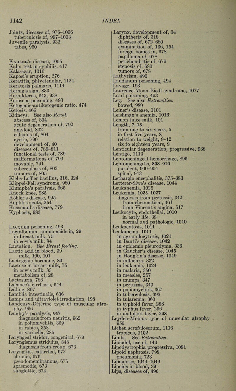 Joints, diseases of, 976-1006 tuberculosis of, 997-1003 Juvenile paralysis, 933 tabes, 950 Kahler’s disease, 1005 Kahn test in syphilis, 417 Kala-azar, 1016 Kaposi’s eruption, 276 Keratitis, phlyctenular, 1124 Keratosis palmaris, 1114 Kernig’s sign, 833 Kernikterus, 643, 938 Kerosene poisoning, 493 Ketogenic-antiketogenic ratio, 474 Ketosis, 466 Kidneys. See also Renal. abscess of, 804 acute degeneration of, 792 amyloid, 802 calculus of, 804 cystic, 790 development of, 40 diseases of, 789-811 functional tests of, 789 malformations of, 790 movable, 791 tuberculosis of, 803 tumors of, 805 Klebs-Loffler bacillus, 316, 324 Klippel-Feil syndrome, 980 Klumpke’s paralysis, 965 Knock knee, 985 Kohler’s disease, 995 Koplik’s spots, 254 Kussmaul’s disease, 779 Kyphosis, 983 Lacquer poisoning, 493 Lactalbumin, amino-acids in, 29 in breast milk, 75 in cow’s milk, 84 Lactation. See Breast feeding. Lactic acid in blood, 39 milk, 100, 101 Lactogenic hormone, 80 Lactose in breast milk, 75 in cow’s milk, 83 metabolism of, 28 Lactosuria, 786 Laennec’s cirrhosis, 644 Lalling, 867 Lamblia intestinalis, 636 Lamps and ultraviolet irradiation, 198 Landouzy-Dejerine type of muscular atro¬ phy, 956 Landry’s paralysis, 947 diagnosis from neuritis, 962 in poliomyelitis, 369 in rabies, 358 in varicella, 285 Laryngeal stridor, congenital, 679 Laryngismus stridulus, 848 diagnosis from croup, 673 Laryngitis, catarrhal, 672 chronic, 676 pseudomembranous, 675 spasmodic, 673 subglottic, 674 Larynx, development of, 34 diphtheria of, 318 diseases of, 672-680 examination of, 136, 154 foreign bodies in, 678 papilloma of, 678 perichondritis of, 676 stenosis of, 680 tumors of, 678 Lathyrism, 490 Laudanum poisoning, 494 Lavage, 193 Laurence-Moon-Biedl syndrome, 1077 Lead poisoning, 493 Leg. See also Extremities. bowed, 980 Leiner’s disease, 1101 Leishman’s anemia, 1016 Lemon juice milk, 101 Length, 7-13 from one to six years, 5 in first five years, 8 relation to weight, 9-12 six to eighteen years, 9 Lenticular degeneration, progressive, 938 Lentigo, 1113 Leptomeningeal hemorrhage, 896 Leptomeningitis, 898-910 purulent, 900-904 spinal, 943 Lethargic encephalitis, 375-383 Letterer-Siwe’s disease, 1044 Leukanemia, 1025 Leukemia, 1023-1027 diagnosis from pertussis, 342 from rheumatism, 461 from Vincent’s angina, 517 Leukocyte, endothelial, 1010 in early life, 38 normal and pathologic, 1010 Leukocytosis, 1011 Leukopenia, 1011 in agranulocytosis, 1021 in Banti’s disease, 1042 in epidemic pleurodynia, 336 in Gaucher’s disease, 1045 in Hodgkin’s disease, 1049 in influenza, 332 in leukemia, 1024 in malaria, 350 in measles, 257 in mumps, 347 in pertussis, 340 in poliomyelitis, 367 in tuberculosis, 393 in tularemia, 360 in typhoid fever, 288 in typhus fever, 296 in undulant fever, 298 Leyden-Mobius type of muscular atrophy 956 Lichen scrofulosorum, 1116 tropicus, 1102 Limbs. See Extremities. Lipiodol, use of, 146 Lipodystrophia progressiva, 1091 Lipoid nephrosis, 798 pneumonia, 723 Lipoidosis, 1044-1046 Lipoids in blood, 39 Lips, diseases of, 496