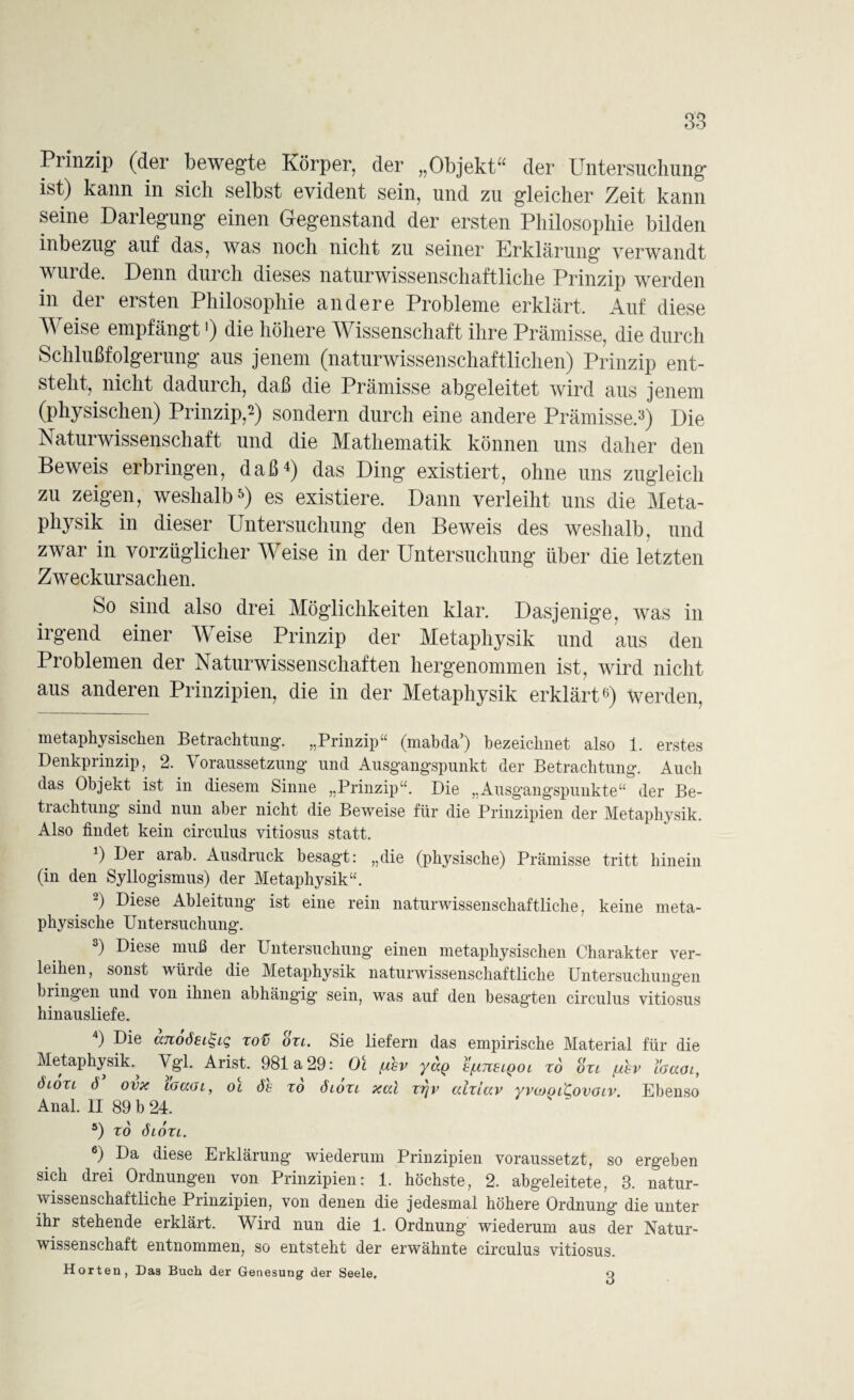 Prinzip (der bewegte Körper, der „Objekt“ der Untersuchung ist) kann in sich selbst evident sein, und zu gleicher Zeit kann seine Darlegung einen Gegenstand der ersten Philosophie bilden inbezug auf das, was noch nicht zu seiner Erklärung verwandt wurde. Denn durch dieses naturwissenschaftliche Prinzip werden in der ersten Philosophie andere Probleme erklärt. Auf diese Weise empfängt >) die höhere Wissenschaft ihre Prämisse, die durch Schlußfolgerung aus jenem (naturwissenschaftlichen) Prinzip ent¬ steht, nicht dadurch, daß die Prämisse abgeleitet wird aus jenem (physischen) Prinzip,* 2) sondern durch eine andere Prämisse.3) Die Naturwissenschaft und die Mathematik können uns daher den Beweis erbringen, daß4) das Ding existiert, ohne uns zugleich zu zeigen, weshalb5) es existiere. Dann verleiht uns die Meta¬ physik in dieser Untersuchung den Beweis des weshalb, und zwar in vorzüglicher Weise in der Untersuchung über die letzten Zweckursachen. So sind also drei Möglichkeiten klar. Dasjenige, was in irgend einer Weise Prinzip der Metaphysik und aus den Problemen der Naturwissenschaften hergenommen ist, wird nicht aus anderen Prinzipien, die in der Metaphysik erklärt6) werden, metaphysischen Betrachtung-. „Prinzip“ (mabda’) bezeichnet also 1. erstes Denkprinzip, 2. Voraussetzung- und Ausgangspunkt der Betrachtung. Auch das Objekt ist in diesem Sinne „Prinzip“. Die „Ausgangspunkte“ der Be¬ trachtung- sind nun aber nicht die Beweise für die Prinzipien der Metaphysik. Also findet kein circulus vitiosus statt. 0 Der arab. Ausdruck besagt: „die (physische) Prämisse tritt hinein (in den Syllogismus) der Metaphysik“. 2) Diese Ableitung ist eine rein naturwissenschaftliche, keine meta¬ physische Untersuchung. 3) Diese muß der Untersuchung einen metaphysischen Charakter ver¬ leihen, sonst wüide die Metaphysik naturwissenschaftliche Untersuchungen bringen und von ihnen abhängig- sein, was auf den besag-ten circulus vitiosus hinausliefe. 4) Die anoöei^LQ xov oxi. Sie liefern das empirische Material für die Metaphysik.^ Vgl. Arist. 981a 29: Ol fzhv yccQ ^uelqol xd Sn fxbv i'aaai, öloxl 6 ovx iGaoi, ol de xo öloxl xcd xr\v aixiav yvojoi^ovoiv. Ebenso Anal. II 89 b 24. 5) xd ÖLOXL. diese Erklärung wiederum Prinzipien voraussetzt, so ergeben sich drei Ordnungen von Prinzipien: 1. höchste, 2. abgeleitete, 3. natur¬ wissenschaftliche Prinzipien, von denen die jedesmal höhere Ordnung die unter ihr stehende erklärt. Wird nun die 1. Ordnung wiederum aus der Natur¬ wissenschaft entnommen, so entsteht der erwähnte circulus vitiosus. Horten, Das Buch der Genesung der Seele. 3