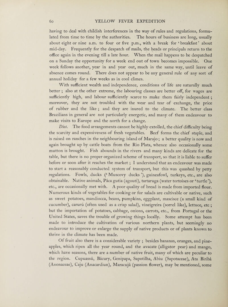 having to deal with childish interferences in the way of rules and regulations, formu¬ lated from time to time by the authorities. The hours of business are long, usually about eight or nine a.m. to four or five p.m., with a break for ‘ breakfast ’ about mid-day. Frequently for the despatch of mails, the heads or principals return to the office again in the evening till a late hour. When the mail happens to be despatched on a Sunday the opportunity for a week end out of town becomes impossible. One week follows another, year in and year out, much in the same way, until leave of absence comes round. There does not appear to be any general rule of any sort of annual holiday for a few weeks as in cool climes. With sufficient wealth and independence, conditions of life are naturally much better ; also at the other extreme, the labouring classes are better off, for wages are sufficiently high, and labour sufficiently scarce to make them fairly independent ; moreover, they are not troubled with the wear and tear of exchange, the price of rubber and the like ; and they are inured to the climate. The better class Brazilians in general are not particularly energetic, and many of them endeavour to make visits to Europe and the north for a change. Diet. The food arrangements cannot be highly extolled, the chief difficulty being the scarcity and expensiveness of fresh vegetables. Beef forms the chief staple, and is raised on ranches in the neighbouring island of Marajo ; a better quality is now and again brought up by cattle boats from the Rio Plata, whence also occasionally some mutton is brought. Fish abounds in the rivers and many kinds are delicate for the table, but there is no proper organized scheme of transport, so that it is liable to suffer before or soon after it reaches the market ; I understand that an endeavour was made to start a reasonably conducted system of transport, but this was quashed by petty regulations. Fowls, ducks (‘ Muscovy ducks ’), guineafowl, turkeys, etc., are also obtainable. Native animals, Paca gutia (agouti), tartaruga (water tortoises or ‘turtle’), etc., are occasionally met with. A poor quality of bread is made from imported flour. Numerous kinds of vegetables for cooking or for salads are cultivable or native, such as sweet potatoes, mandiocca, beans, pumpkins, eggplant, mascisce (a small kind of cucumber), caruru (often used as a crisp salad), vineigreira (sorrel like), lettuce, etc ; but the importation of potatoes, cabbage, onions, carrots, etc., from Portugal or the United States, saves the trouble of growing things locally. Some attempt has been made to introduce the cultivation of various northern plants, but seemingly no endeavour to improve or enlarge the supply of native products or of plants known to thrive in the climate has been made. Of fruit also there is a considerable variety ; besides bananas, oranges, and pine¬ apples, which ripen all the year round, and the avacate (alligator pear) and mango, which have seasons, there are a number of native fruit, many of which are peculiar to the region. Cupuassu, Bacury, Genipapa, Sapotilha, Abiu (Sapotaceae), Ata Biriba (Anonaceae), Caju (Anacardiun), Maracuja (passion flower), may be mentioned, some