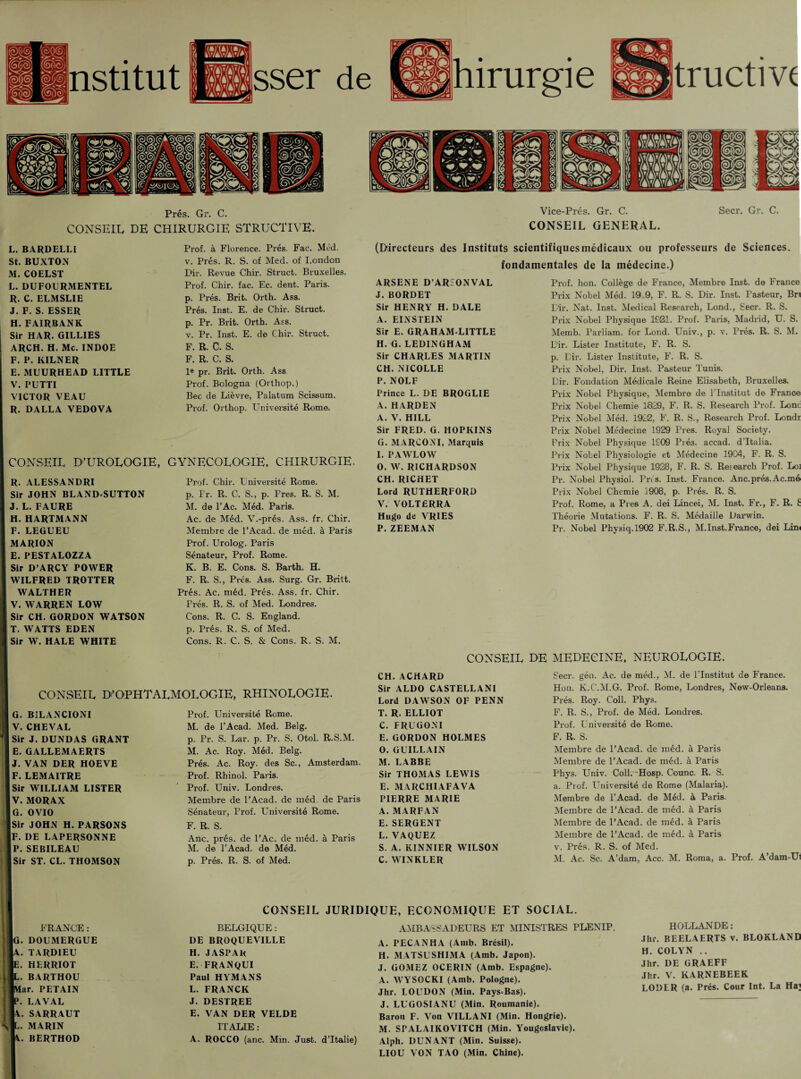 Pres. Gr. C. CONSEIL DE CHIRURGIE STRUCTIVE. Vice-Pres. Gr. C. Seer. Gr. C. CONSEIL GENERAL. L. BARDELLI St. BUXTON M. COELST L. DUFOURMENTEL R. C. ELMSLIE J. F. S. ESSER H. FAIRBANK Sir HAR. GILLIES ARCH. H. Me. INDOE F. P. KILNER E. MUURHEAD LITTLE V. PUTTI VICTOR VEAU R. DALLA VEDOVA Prof, a Florence. Pres. Fac. Med. v. Pres. R. S. of Med. of London Dir. Revue Chir. Struct. Bruxelles. Prof. Chir. fac. Ec. dent. Paris, p. Pres. Brit. Orth. Ass. Pres. Inst. E. de Chir. Struct. p. Pr. Brit. Orth. Ass. v. Pr. Inst. E. de Chir. Struct. F. R. C. S. F. R. C. S. le pr. Brit. Orth. Ass Prof. Bologna (Orthop.) Bee de Lievre, Palatum Scissum. Prof. Orthop. Universite Rome. CONSEIL D’UROLOGIE, GYNECOLOGIE, CHIRURGIE. R. ALESSANDRI Sir JOHN BLAND=SUTTON J. L. FAURE H. HARTMANN F. LEGUEU MARION E. PESTALOZZA Sir D’ARCY POWER WILFRED TROTTER WALTHER V. WARREN LOW Sir CH. GORDON WATSON T. WATTS EDEN Sir W. HALE WHITE Prof. Chir. Universite Rome, p. Fr. R. C. S., p. Pres. R. S. M. M. de l’Ac. Med. Paris. Ac. de Med. V.-pres. Ass. fr. Chir. Membre de l’Acad. de ined. a Paris Prof. Urolog. Paris Senateur, Prof. Rome. K. B. E. Cons. S. Barth. H. F. R. S., Pres. Ass. Surg. Gr. Britt. Pres. Ac. med. Pres. Ass. fr. Chir. Pres. R. S. of Med. Londres. Cons. R. C. S. England, p. Pres. R. S. of Med. Cons. R. C. S. & Cons. R. S. M. (Directeurs des Instituts scientifiquesmedicaux ou professeurs de Sciences. fondamentales de la medecine.) ARSENE D’ARSON VAL J. BORDET Sir HENRY H. DALE A. EINSTEIN Sir E. GRAHAM LITTLE H. G. LEDINGHAM Sir CHARLES MARTIN CH. NICOLLE P. NOLF Prince L. DE BROGLIE A. HARDEN A. V. HILL Sir FRED. G. HOPKINS G. MARCONI, Marquis I. PAWLOW O. W. RICHARDSON CH. RICHET Lord RUTHERFORD V. VOLTERRA Hugo de VRIES P. ZEEMAN Prof. hon. College de France, Membre Inst, de France Prix Nobel Med. 19.9, F. R. S. Dir. Inst. Pasteur, Bri Dir. Nat. Inst. Medical Research, Lond., Seer. R. S. Prix Nobel Physique 1021. Prof. Paris, Madrid, U. S. Memb. Parliam. for Lond. Univ., p. v. Pres. R. S. M. Dir. Lister Institute, F. R. S. p. Dir. Lister Institute, F. R. S. Prix Nobel, Dir. Inst. Pasteur Tunis. Dir. Fondation Medicale Reine Elisabeth, Bruxelles. Prix Nobel Physique, Membre de l’lnstitut de France Prix Nobel Chemie 1829, F. R. S. Research Prof. Lone Prix Nobel Med. 19212, F. R. S., Research Prof. Londr Prix Nobel Medecine 1929 Pres. Royal Society. Frix Nobel Physique 1909 Pres, accad. d’ltalia. Prix Nobel Physiologie et Medecine 1904, F. R. S. Prix Nobel Physique 1928, F. R. S. Research Prof. Loj Pr. Nobel Physiol. Pres. Inst. France. Anc.pres.Ac.me Prix Nobel Chemie 1908, p. Pres. R. S. Pi’of. Rome, a Pres A. dei Lincei, M. Inst. Fr., F. R. £ Theorie Mutations. F. R. S. Medaille Darwin. Pr. Nobel Physiq.1902 F.R.S., M.Inst.France, dei Lin< CONSEIL DE MEDECINE, NEUROLOGIE. CONSEIL D’OPHTALMOLOGIE, RHINOLOGIE. G. B1LANCI0NI V. CHEVAL Sir J. DUNDAS GRANT E. GALLEMAERTS J. VAN DER HOEVE F. LEMAITRE Sir WILLIAM LISTER V. MORAX G. OVIO Sir JOHN H. PARSONS F. DE LAPERSONNE P. SEBILEAU Sir ST. CL. THOMSON Prof. Universite Rome. M. de l’Acad. Med. Belg. p. Pr. S. Lar. p. Pr. S. Otol. R.S.M. M. Ac. Roy. Med. Belg. Pres. Ac. Roy. des Sc., Amsterdam. Prof. Rhinol. Paris. Prof. Univ. Londres. Membre de l’Acad. de med de Paris Senateur, Prof. Universite Rome. F. R. S. Anc. pres, de l’Ac. de med. a Paris M. de l’Acad. de Med. p. Pres. R. S. of Med. CH.ACHARD Sir ALDO CASTELLANI Lord DAWSON OF PENN T. R. ELLIOT C. FRUGONI E. GORDON HOLMES 0. QUILL AIN M. LABBE Sir THOMAS LEWIS E. MARCHIAFAVA PIERRE MARIE A. MARFAN E. SERGENT L. VAQUEZ S. A. KINNIER WILSON C. WINKLER Seer. gen. Ac. de med., M. de l’lnstitut de France. Hon. K.C.M.G. Prof. Rome, Londres, New-Orleans. Pres. Roy. Coll. Phys. F. R. S., Prof, de Med. Londres. Prof. Universite de Rome. F. R. S. Membre de l’Acad. de med. a Paris Membre de l’Acad. de med. a Paris Phys. Univ. Coll. Hosp. Counc. R. S. a. Prof. Universite de Rome (Malaria). Membre de l’Acad. de Med. a Paris. Membre de l’Acad. de med. a Paris Membre de l’Acad. de med. a Paris Membre de l’Acad. de med. a Paris v. Pres. R. S. of Med. M. Ac. Sc. A’dam, Acc. M. Roma, a. Prof. A’dam-Ul CONSEIL FRANCE: DOUMERGUE TARDIEU HERRIOT BARTHOU lar. PETAIN LAVAL SARRAUT MARIN BERTHOD BELGIQUE : DE BROQUEVILLE H. JASPAR E. FRANQUI Paul HYMANS L. FRANCK J. DESTREE E. VAN DER VELDE ITALIE : A. ROCCO (anc. Mm. Just. JURIDIQUE, ECONOMIQUE ET SOCIAL. AMBASSADEURS ET MINISTRES PLENIP. A. PECANHA (Amb. Bresil). H. MATSUSHIMA (Amb. Japon). J. GOMEZ OCERIN (Amb. Espagne). A. WYSOCKI (Amb. Pologne). Jhr. LOUDON (Min. Pays=Bas). J. LUGOSIANU (Min. Roumanie). Baron F. Von VILLANI (Min. Hongrie). M. SPALAIKOVITCH (Min. Yougcslavie). Alph. DUNANT (Min. Suisse). LIOU VON TAO (Min. Chine). H HOLLANDE: Jhr. BEELAERTS v. BLOKLAND COLYN .. Jhr. DE GRAEFF Jhr. V. KARNEBEEK LODER (a. Pres. Cour Int. La Ha) d’ltalie)