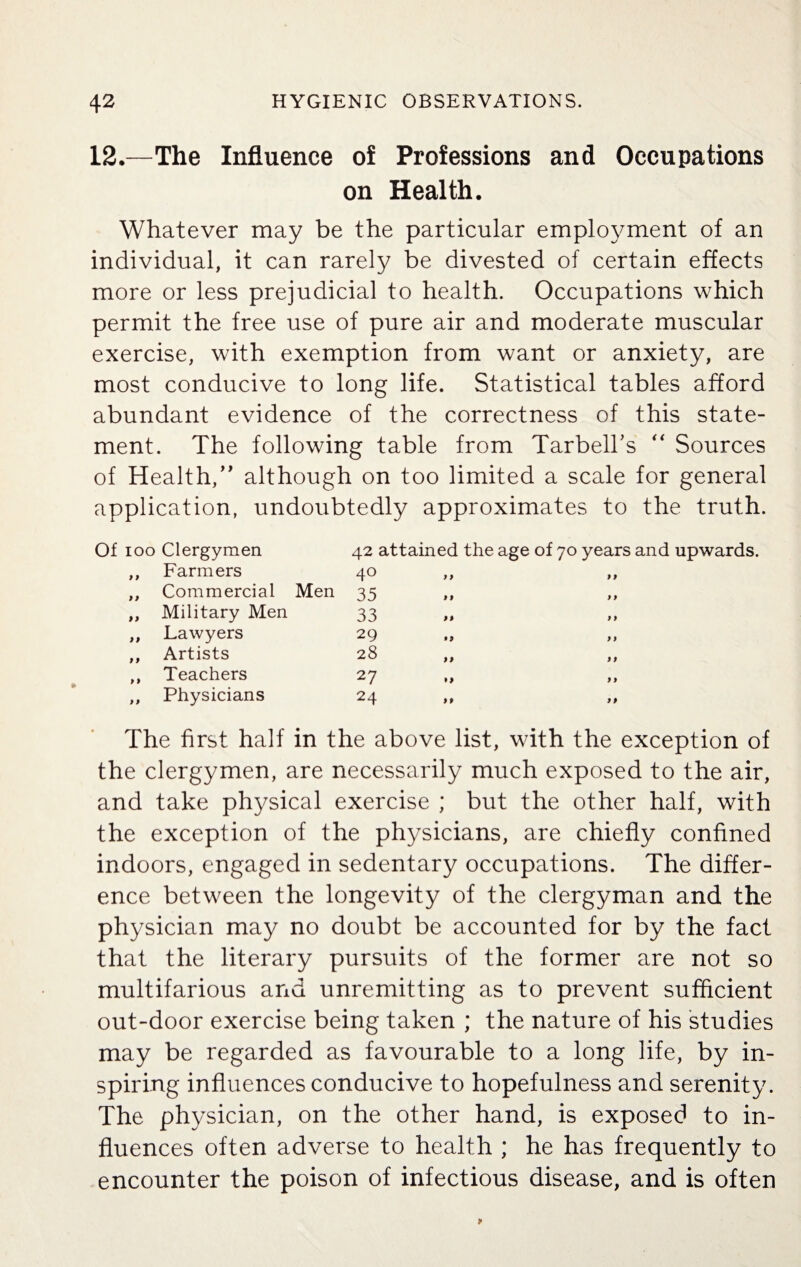 12.—The Influence of Professions and Occupations on Health. Whatever may be the particular employment of an individual, it can rarely be divested of certain effects more or less prejudicial to health. Occupations which permit the free use of pure air and moderate muscular exercise, with exemption from want or anxiety, are most conducive to long life. Statistical tables afford abundant evidence of the correctness of this state¬ ment. The following table from Tarbelks “ Sources of Health,” although on too limited a scale for general application, undoubtedly approximates to the truth. Of ioo Clergymen 42 attained the age of 70 years and upwards. 9 9 Farmers 40 9 9 Commercial Men 35 99 Military Men 33 9 9 Lawyers 29 9 9 Artists 28 9 9 Teachers 27 9 9 Physicians 24 The first half in the above list, with the exception of the clergymen, are necessarily much exposed to the air, and take physical exercise ; but the other half, with the exception of the physicians, are chiefly confined indoors, engaged in sedentary occupations. The differ¬ ence between the longevity of the clergyman and the physician may no doubt be accounted for by the fact that the literary pursuits of the former are not so multifarious and unremitting as to prevent sufficient out-door exercise being taken ; the nature of his studies may be regarded as favourable to a long life, by in¬ spiring influences conducive to hopefulness and serenity. The physician, on the other hand, is exposed to in¬ fluences often adverse to health ; he has frequently to encounter the poison of infectious disease, and is often