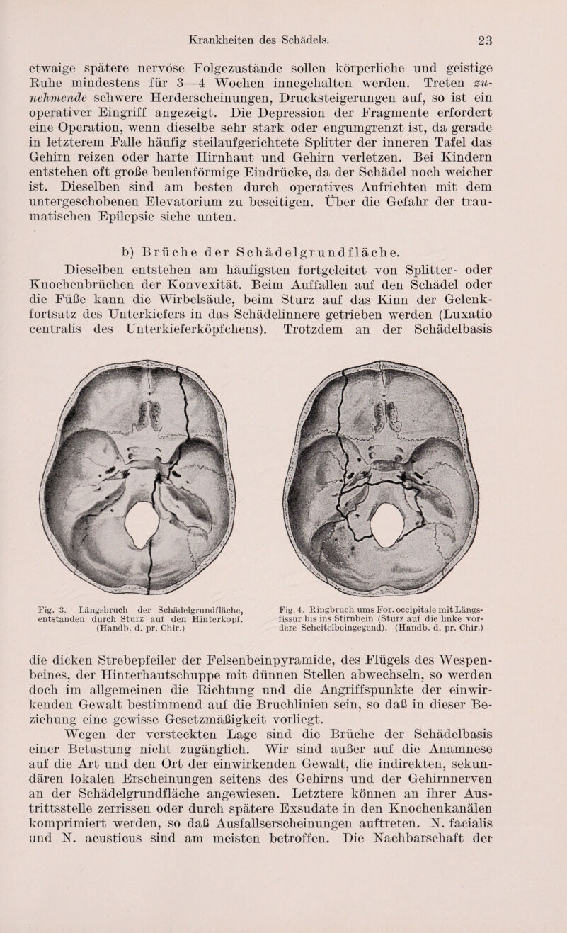 etwaige spätere nervöse Folgezustände sollen körperliche und geistige Ruhe mindestens für 3—4 Wochen innegehalten werden. Treten zu¬ nehmende schwere Herderscheinungen, Drucksteigerungen auf, so ist ein operativer Eingriff angezeigt. Die Depression der Fragmente erfordert eine Operation, wenn dieselbe sehr stark oder engumgrenzt ist, da gerade in letzterem Falle häufig steilaufgerichtete Sphtter der inneren Tafel das Gehirn reizen oder harte Hirnhaut und Gehirn verletzen. Bei Kindern entstehen oft große beulenförmige Eindrücke, da der Schädel noch weicher ist. Dieselben sind am besten durch operatives Aufrichten mit dem untergeschobenen Elevatorium zu beseitigen. Über die Gefahr der trau¬ matischen Epilepsie siehe unten. b) Brüche der Schädelgrundfläche. Dieselben entstehen am häufigsten fortgeleitet von Sphtter- oder Knochenbrüchen der Konvexität. Beim Auffallen auf den Schädel oder die Füße kann die Wirbelsäule, beim Sturz auf das Kinn der Gelenk¬ fortsatz des Unterkiefers in das Schädehnnere getrieben werden (Luxatio centrahs des Unterkieferköpfchens). Trotzdem an der Schädelbasis Fig. 3. Längsbruch der Schädelgrundfläche, entstanden durch Sturz auf den Hinterkopf. (Handb. d. pr. Chir.) Fig. 4. Hingbruch ums For. occipitale mit Längs¬ fissur bis ins Stirnbein (Sturz auf die linke vor¬ dere Scheitelbeingegend). (Handb. d. pr. Chir.) die dicken Strebepfeiler der Felsenbeinpyramide, des Flügels des Wespen¬ beines, der Hinterhautschuppe mit dünnen Stellen abwechseln, so werden doch im allgemeinen die Richtung und die Angriffspunkte der einwir¬ kenden Gewalt bestimmend auf die Bruchlinien sein, so daß in dieser Be¬ ziehung eine gewisse Gesetzmäßigkeit vorliegt. Wegen der versteckten Lage sind die Brüche der Schädelbasis einer Betastung nicht zugänghch. Wir sind außer auf die Anamnese auf die Art und den Ort der einwirkenden Gewalt, die indirekten, sekun¬ dären lokalen Erscheinungen seitens des Gehirns und der Gehirnnerven an der Schädelgrundfläche angewiesen. Letztere können an ihrer Aus¬ trittsstelle zerrissen oder durch spätere Exsudate in den Knochenkanälen komprimiert werden, so daß Ausfallserscheinungen auftreten. N. facialis und N. acusticus sind am meisten betroffen. Die Nachbarschaft der