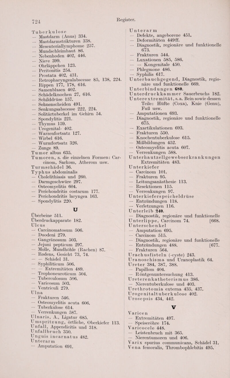 Tuberkulose — Mastdarm (Anus) 334. — Mastdarmstrikturen 338. — Mesenteriallymphome 257. — Mundschleimhaut 86. — Nebenhoden 402, 446. — Niere 399. — Ohrläppchen 123. — Peritonitis 254. — Prostata 402, 431. — Retropharyngealabscesse 85, 138, 224. — Rippen 177, 178, 616. — Samenblasen 402. — Schädelknochen 27, 616. — Schilddrüse 157. — Sehnenscheiden 491. — Senkungsabscesse 222, 224. — Solitärtuberkel im Gehirn 54. — Spondylitis 221. — Thymus 159. — Urogenital- 402. — Warzenfortsatz 127. — Wirbel 616. — Wurmfortsatz 326. — Zunge 89. Tumor albus 635. Tumoren, s. die einzelnen Formen: Car- cinom, Sarkom, Atherom usw. Turmschädel 36. Typhus abdominalis — Cholelithiasis und 260. — Darmgeschwüre 297. — Osteomyelitis 604. — Perichondritis costarum 177. — Perichondritis laryngea 163. — Spondylitis 220. U Überbeine 511. Überdruckapparate 182. Ulcus — Carcinomatosum 506. — Duodeni 279. — Gangränosum 503. — Jejuni pepticum 297. — Molle, Mundhöhle (Rachen) 87. — Rodens, Gesicht 73, 74. — — Schädel 31. — Syphiliticum 506. — — Extremitäten 489. — Trophoneuroticum 504. — Tuberculosum 506. — Varicosum 503. — Ventriculi 279. Ulna — Frakturen 546. — Osteomyelitis acuta 606. — Tuberkulose 614. — Verrenkungen 587. Ulnaris, A., Ligatur 685. Umspritzung, örtliche, Oberkiefer 113. Unfall, Appendicitis und 318. Unfallbruch 350. Unguis incarnatus 482. Unterarm — Amputation 691. [ Unterarm — Defekte, angeborene 451. — Deformitäten 449 ff. — Diagnostik, regionäre und funktionelle 673. — Frakturen 544. — Luxationen 585, 586. — — Kongenitale 450. — Phlegmone 486. — Syphilis 617. Unterbauchgegend, Diagnostik, regio¬ näre und funktionelle 669. Unterbindungen 680. Unterdruckkammer Sauerbruchs 182. Unterextremität, s.a. Bein sowie dessen Teile: Hüfte (Coxa), Knie (Genu), Fuß usw. — Amputationen 693. — Diagnostik, regionäre und funktionelle 675. — Exartikulationen 693. — Frakturen 550. — Knochentuberkulose 615. — Mißbildungen 452. — Osteomyelitis acuta 607. — Verrenkungen 588. U nterhautzellgewebserkrankungen Extremitäten 483. U nterkiefer — Carcinom 101. — Frakturen 95. — Leitungsanästhesie 113. — Resektionen 115. — Verrenkungen 97. Unterkiefer Speicheldrüse — Entzündungen 118. — Verletzungen 116. Unterleib 240. — Diagnostik, regionäre und funktionelle Unterlippe, Carcinom 74. [668. U nterschenkel — Amputation 695. — Carcinom 515. — Diagnostik, regionäre und funktionelle — Entzündungen 488. [677. — Frakturen 564. Urachusfisteln (-cyste) 243. Uranoschisma und Uranoplastik 64. Ureter 384, 387, 388. — Papillom 404. — Röntgenuntersuchung 413. Ureterenkatheterismus 386. — Nierentuberkulose und 403. Urethrotomia externa 435, 437. Urogenitaltuberkulose 402. Urosepsis 434, 442. V V aricen — Extremitäten 497. — Speiseröhre 174* Varicocele 448. — Leistenbruch mit 365. — Nierentumoren und 406. Varix spurius communicans, Schädel 31. Vena femoralis, Thrombophlebitis 495.