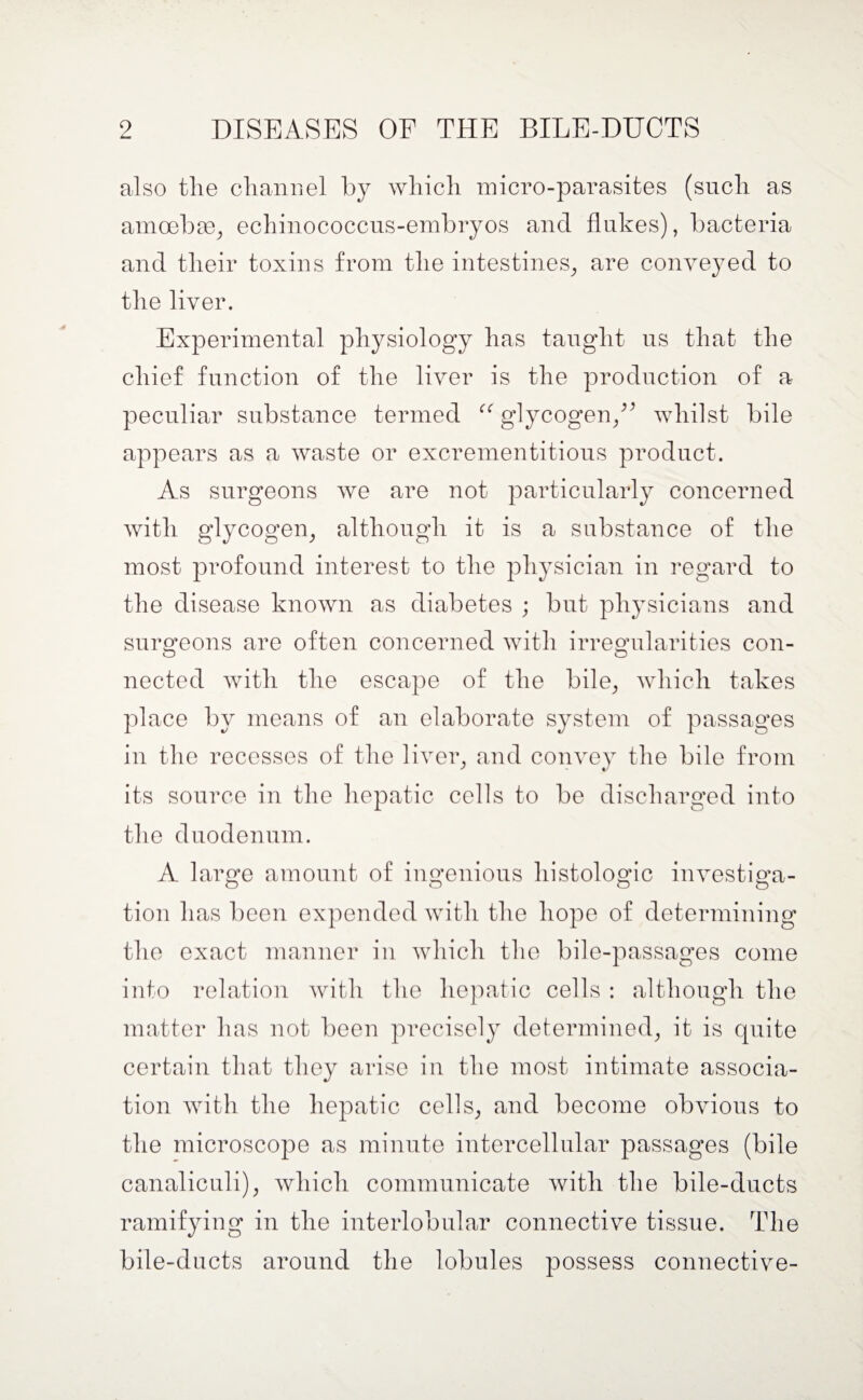 also the channel by which micro-parasites (such as amoebae, echinococcus-embryos and flukes), bacteria and their toxins from the intestines, are conveyed to the liver. Experimental physiology has taught us that the chief function of the liver is the production of a peculiar substance termed “ glycogen,v whilst bile appears as a waste or excrementitious product. As surgeons we are not particularly concerned with glycogen, although it is a substance of the most profound interest to the physician in regard to the disease known as diabetes ; but physicians and surgeons are often concerned with irregularities con¬ nected with the escape of the bile, which takes place by means of an elaborate system of passages in the recesses of the liver, and convey the bile from its source in the hepatic cells to be discharged into the duodenum. A large amount of ingenious histologic investiga¬ tion has been expended with the hope of determining the exact manner in which the bile-passages come into relation with the hepatic cells : although the matter has not been precisely determined, it is quite certain that they arise in the most intimate associa¬ tion with the hepatic cells, and become obvious to the microscope as minute intercellular passages (bile canaliculi), which communicate with the bile-ducts ramifying in the interlobular connective tissue. The bile-ducts around the lobules possess connective-