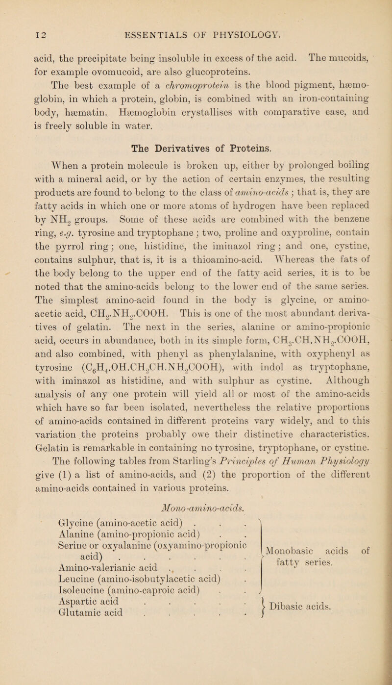 acid, the precipitate being insoluble in excess of the acid. The mucoids, for example ovomucoid, are also glucoproteins. The best example of a chromoprotein is the blood pigment, haemo¬ globin, in which a protein, globin, is combined with an iron-containing body, haematin. Haemoglobin crystallises with comparative ease, and is freely soluble in water. The Derivatives of Proteins. When a protein molecule is broken up, either by prolonged boiling with a mineral acid, or by the action of certain enzymes, the resulting products are found to belong to the class of amino-acids ; that is, they are fatty acids in which one or more atoms of hydrogen have been replaced by NHo groups. Some of these acids are combined with the benzene ring, e.g. tyrosine and tryptophane; two, proline and oxyproline, contain the pyrrol ring; one, histidine, the iminazol ring; and one, cystine, contains sulphur, that is, it is a thioamino-acid. Whereas the fats of the body belong to the upper end of the fatty acid series, it is to be noted that the amino-acids belong to the lower end of the same series. The simplest amino-acid found in the body is glycine, or amino- acetic acid, CH2.NH2.COOH. This is one of the most abundant deriva¬ tives of gelatin. The next in the series, alanine or amino-propionic acid, occurs in abundance, both in its simple form, CH3.CH.NH2.COOH, and also combined, with phenyl as phenylalanine, with oxyphenyl as tyrosine (C6H4.0H.CH2CH.NHoC00H), with indol as tryptophane, with iminazol as histidine, and with sulphur as cystine. x41though analysis of any one protein will yield all or most of the amino-acids which have so far been isolated, nevertheless the relative proportions of amino-acids contained in different proteins vary widely, and to this variation the proteins probably owe their distinctive characteristics. Gelatin is remarkable in containing no tyrosine, tryptophane, or cystine. The following tables from Starling’s Principles of Human Pliy siology give (1) a list of amino-acids, and (2) the proportion of the different amino-acids contained in various proteins. Mono -amino-acids. Glycine (amino-acetic acid) Alanine (amino-propionic acid) Serine or oxyalanine (oxyamino-propionic acid) ...... Amino-valerianic acid . . . . Leucine (amino-isobutylacetic acid) Isoleucine (amino-caproic acid) Aspartic acid . Glutamic acid . Monobasic acids fatty series. Dibasic acids. of