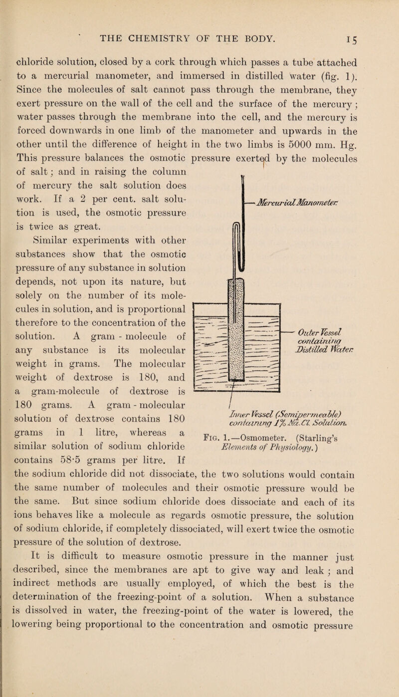 —Mercurial Manometer: chloride solution, closed by a cork through which passes a tube attached to a mercurial manometer, and immersed in distilled water (fig. 1). Since the molecules of salt cannot pass through the membrane, they exert pressure on the wall of the cell and the surface of the mercury; water passes through the membrane into the cell, and the mercury is forced downwards in one limb of the manometer and upwards in the other until the difference of height in the two limbs is 5000 mm. Hg. This pressure balances the osmotic pressure exerted by the molecules of salt; and in raising the column of mercury the salt solution does work. If a 2 per cent, salt solu¬ tion is used, the osmotic pressure is twice as great. Similar experiments with other substances show that the osmotic pressure of any substance in solution depends, not upon its nature, but solely on the number of its mole¬ cules in solution, and is proportional therefore to the concentration of the solution. A gram - molecule of any substance is its molecular weight in grams. The molecular weight of dextrose is 180, and a gram-molecule of dextrose is 180 grams. A gram - molecular solution of dextrose contains 180 grams in 1 litre, whereas a similar solution of sodium chloride contains 58'5 grams per litre. If the sodium chloride did not dissociate, the two solutions would contain the same number of molecules and their osmotic pressure would be the same. But since sodium chloride does dissociate and each of its ions behaves like a molecule as regards osmotic pressure, the solution of sodium chloride, if completely dissociated, will exert twice the osmotic pressure of the solution of dextrose. It is difficult to measure osmotic pressure in the manner just described, since the membranes are apt to give way and leak ; and indirect methods are usually employed, of which the best is the determination of the freezing-point of a solution. When a substance is dissolved in water, the freezing-point of the water is lowered, the lowering being proportional to the concentration and osmotic pressure Outer Vessel containing Distilled Water. Inner I'essel (Scmipermeable) containing J%Mx.CL Solution. Fig. 1.—Osmometer. (Starling’s Elements of Physiology.)