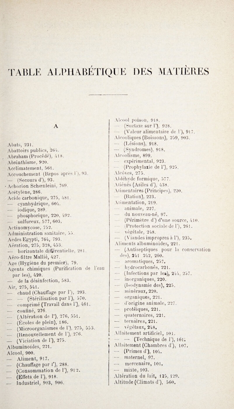 TABLE ALPHABÉTIQUE DES MATIERES A Abats, 231. Abattoirs publics, 264. Abraham (Procédé), 418. Absinthisme, 920. Acclimatement, 561. Accouchement (Kepos après I ), 03. — (Secours d’), 93. • Achorion Schœnleini, 769. Acétylène, 286. Acide carbonique, 275, 481. — cyanhydrique, 604. — iodique, 289. — phosphorique, 220, 492. — sulfureux, 577, 603. Actinomycose, 752. Administration sanitaire, 55. AedesEgypti, 764, 793. Aération, 275, 328, 453. — horizontale différentielle, 281. Aéro-filtre Mallié, 427. Age (Hygiène du premier), 79. Agents chimiques (Purification de l’eau par les), 420, — de la désinfection, 583. Air, 275, 541. — chaud (Chauffage par P), 293. — — (Stérilisation par 1 ), 570. — comprimé (Travail dans L), 461. — confiné, 276 — (Altération de 1’), 276, 551. — (Écoles de plein), 186. — (Microorganismes de 1’), 275, 553. — (Renouvellement de P), 276. — (Viciation de 1’), 275. Albuminoïdes, 221. Alcool, 900. — Aliment, 917. — (Chauffage par P), 288. — (Consommation de L), 912. — (Effets.de 1’), 918. — Industriel, 903, 906. Alcool poison, 918. — (Surtaxe sur P), 928. — (Valeur alimentaire de P), 917, Alcooliques (Boissons), 259, 903. — (Lésions), 918. — (Syndromes), 918. Alcoolisme, 899. expérimental, 923. (Prophylaxie de P), 925. Alcôves, 27 5. Aldéhyde formique, 577. Aliénés (Asiles d’), 438. Alimentaires (Principes), 220. (Ration), 223. Alimentation, 219. animale, 227. du nouveau-né, 97. (Périmètre d’) d’une source, 410. (Protection sociale de P), 261. végétale, 248. — (Viandes impropres à P), 235. Aliments albuminoïdes, 221. — (Antiseptiques pour la conservation des), 241 242, 260. — aromatiques, 257. — hydrocarbonés, 221. (Infections par les), 244, 257. — inorganiques, 220. — (Isodynamie des), 225. — minéraux, 220. — organiques, 221. — d'origine animale, 227. — protéiques, 221. — quaternaires, 221. — ternaires, 221. — végétaux, 248. Allaitement artificiel, 101. * — — (Technique de P), lôl. j Allaitement (Chambres cl’), 107. — (Primes d’), 104. I — maternel, 97. — mercenaire, loi. — mixte, 103. Altération du lait, 125, 129. I Altitude (Climats d’), 560.