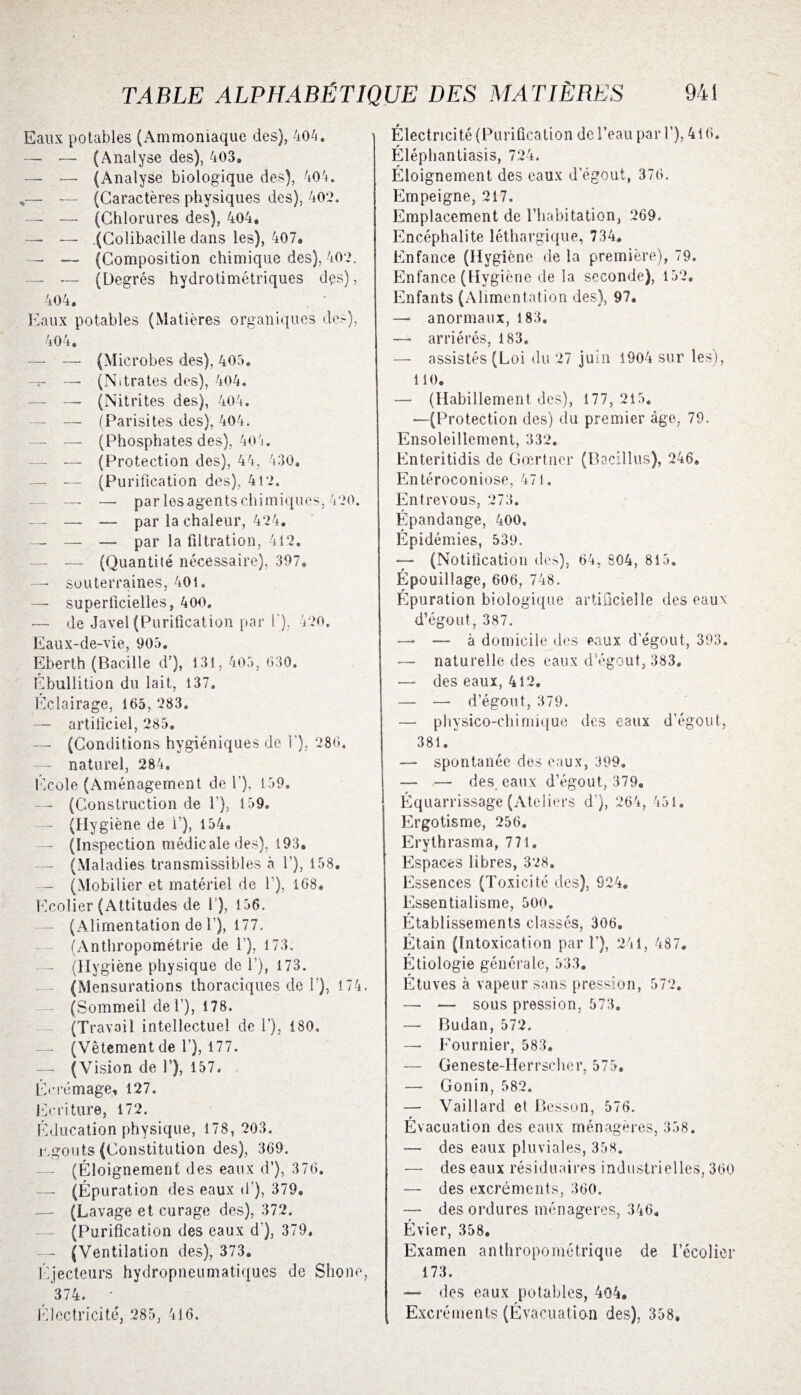 Eaux potables (Ammoniaque des), 404. — — (Analyse des), 403. — — (Analyse biologique des), 404. ,— — (Caractères physiques des), 402. —• — (Chlorures des), 404, — — (Colibacille dans les), 407. — — (Composition chimique des), 402. — — (Degrés hydrotimétriques des), 404. Eaux potables (Matières organiques des), 404. — —- (Microbes des), 405. — — (Nitrates des), 404. — —- (Nitrites des), 404. — — (Parisites des), 404. — — (Phosphates des), 40'i. — — (Protection des), 44, 430. — — (Purification des), 412. — — — par lesagentschimiques, 420. — —• — par la chaleur, 424. — — — par la filtration, 412. — — (Quantité nécessaire), 397. — souterraines, 401. — superficielles, 400. -— de Javel (Purification par 1), 420. Eaux-de-vie, 905. Eberth (Bacille d’), 131, 405, 030. Ebullition du lait, 137. Éclairage, 165, 283. — artificiel, 285. — (Conditions hygiéniques de 1’), 286. — naturel, 284. École (Aménagement de 1), 159. — (Construction de 1’), 159. — (Hygiène de 1’), 154. — (Inspection médicale des), 193. — (Maladies transmissibles à 1’), 158. — (Mobilier et matériel de 1’), 168. Ecolier (Attitudes de l ), 156. — (Alimentation de P), 177. (Anthropométrie de 1’), 173. - (Hygiène physique de T), 173. — (Mensurations thoraciques de T), 174. — (Sommeil de T), 178. (Travail intellectuel de 1’), 180, — (Vêtement de 1’), 177. — (Vision de 1’), 157. Écrémage, 127. Ecriture, 172. Éducation physique, 178, 203. égouts (Constitution des), 369. — (Éloignement des eaux d’), 376. — (Épuration des eaux d ), 379. — (Lavage et curage des), 372. — (Purification des eaux d ), 379, — (Ventilation des), 373. Éjecteurs hydropneumatiques de Shone, 374. • Électricité, 285, 416. Électricité (Purification de l’eau par 1’), 416. Éléphantiasis, 724. Éloignement des eaux d’égout, 376. Empeigne, 217. Emplacement de l’habitation, 269. Encéphalite léthargique, 734. Enfance (Hygiène de la première), 79. Enfance (Hygiène de la seconde), 152. Enfants (Alimentation des), 97. — anormaux, 183. —- arriérés, 183. — assistés (Loi du 27 juin 1904 sur les), 110. — (Habillement des), 177,215. —(Protection des) du premier âge, 79. Ensoleillement, 332. Enteritidis de Gœrtner (Bacillus), 246. Entéroconiose, 471. Entrevous, 273. Épandange, 400. Epidémies, 539. — (Notification des), 64, 804, 815. Épouillage, 606, 748. Épuration biologique artificiel le des eaux d’égout, 387. — — à domicile des eaux d’égout, 393, — naturelle des eaux d’égout, 383. — des eaux, 412. — — d’égout, 379. — physico-chimique des eaux d’égout, 381. — spontanée des eaux, 399. — — des eaux d’égout, 379. Équarrissage (Ateliers d ), 264, 451. Ergotisme, 256. Erythrasma, 771. Espaces libres, 328. Essences (Toxicité des), 924. Essentialisme, 500. Établissements classés, 306. Étain (Intoxication par 1’), 241, 487. Étiologie générale, 533. Étuves à vapeur sans pression, 572. — — sous pression, 573. — Budan, 572. — Fournier, 583. — Geneste-Herrschor, 575. — Gonin, 582. — Vaillard et Besson, 576. Évacuation des eaux ménagères, 358. — des eaux pluviales, 358. •— des eaux résiduaires industrielles, 360 — des excréments, 360. — des ordures ménagères, 346. Évier, 358. Examen anthropométrique de l’écolier 173. — des eaux potables, 404. Excréments (Évacuation des), 358,