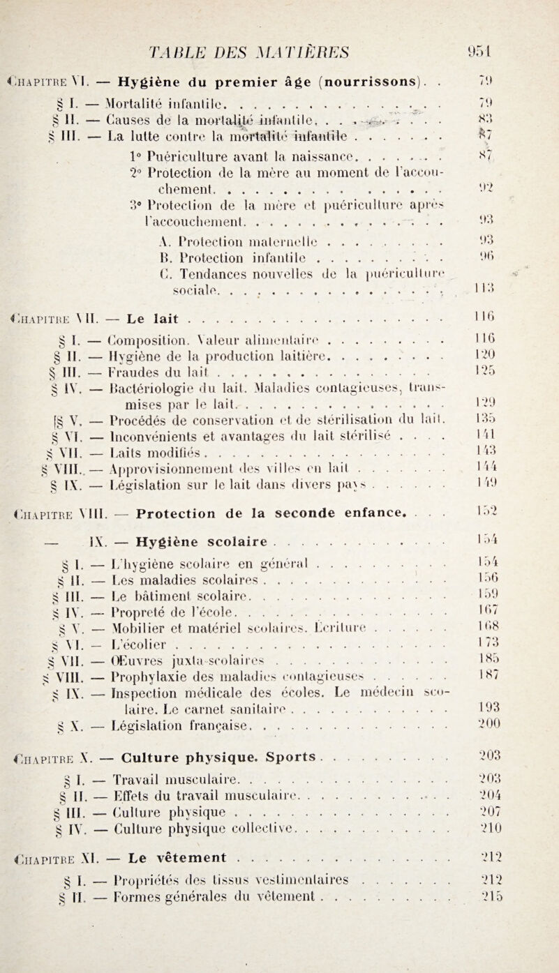 Chapitre Mi — Hygiène du premier âge (nourrissons). . £ I. — Mortalité inlant i le. v_/ ^ II. — Causes de la mortalité infantile, . . . . § III. — La lutte contre la mortalité infantile . . . . 1° Puériculture avant la naissance.. . 2° Protection de la mère au moment de l’accou¬ chement. 3° Protection de la mère et l’accouchement. puériculture après A. Protection maternelle. B. Protection infantile.. . • C. Tendances nouvelles de la puériculture sociale.. 92 93 '.13 96 Chapitre NIL —- Le lait. § t. — Composition. Valeur alimentaire. § IL — Hygiène de la production laitière. .. § III. — Fraudes du lait. § IV. — Bactériologie du lait. Maladies contagieuses, trans¬ mises par le lait. [§ V. — Procédés de conservation et de stérilisation du lait. § VI. — Inconvénients et avantages du lait stérilisé . . . . g VIL — Laits modifiés. § MIL.— Approvisionnement des villes en lait. § IX. — Législation sur le lait dans divers pays. Chapitre N UI. — Protection de la seconde enfance. . . . 116 116 120 125 129 135 141 143 144 149 152 — IX. — Hygiène scoiaire. § I. — L hygiène scolaire en général. g IL — l ,es maladies scolaires. § III. — Le bâtiment scolaire. g IV. — Propreté de l’école. 8 Y. — Mobilier et matériel scolaires. Lcrilure. O 8 VI. — L’écolier. fi § VIL —- Œuvres juxta scolaires. g MIL — Prophylaxie des maladies contagieuses. g IX. — Inspection médicale des écoles. Le médecin sco¬ laire. Le carnet sanitaire. g X. — Législation française. I 54 154 156 159 167 168 1 73 185 187 193 200 Chapitre X. — Culture physique. Sports. 203 § I. — Travail musculaire. 203 8 II. — Effets du travail musculaire.• . . 204 O § III. — Culture physique. 207 § IV. — Culture physique collective. 210 Chapitre XL — Le vêtement. 212 § I. — Propriétés des tissus vestimentaires. 212 § IL — Formes générales du vêtement. 215