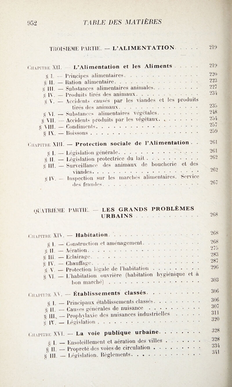 Ti OISIÈME PARTIE. — L’ALIMENTATION. 219 Chapitre X1L - L’Alimentation et les Aliments ^ I -— Principes alimentaires. § 11 — Ration alimentaire. $ IIP — Substances alimentaires animales. $ IV. — Produits tirés des animaux.. • y. — Accidents causés par les viandes et les produits tirés des animaux. ^ VP — Substances alimentaires végétales. § VIL — Accidents produits par les végétaux. ,. 8 \11I. — Condiments. O § IX. — Poissons .. Chapitre XML — Protection sociale de l’Alimentation . § 1. — Législation générale. §1L — législation protectrice du lait. s ni. — Surveillance des animaux de boucherie viandes.. • tv jv. — Inspection sur les marchés alimentaires. des fraudes. et des Service 219 220 223 227 234 235 248 254 257 259 261 261 262 262 267 OUATRIÈME PARTIE. LES GRANDS PROBLÈMES URBAINS. 268 Chapitre XIV. — Habitation. s 1 — Construction et aménagement. O $$ Il — Aération.. £ III — Éclairage. g IV. — Chauffage... V. — Protection légale de l’habitation.. ^ Vï _ L’habitation ouvrière (habitation hygiénique et a bon marché). Chapitre XV. — Établissements classés. ^ I — Principaux établissements classés. ^ Il — Causes générales de nuisance. § HP __ Prophylaxie des nuisances industrielles. s |V. — Législation. r Chapitre XVI. — La voie publique urbaine. § L — Ensoleillement et aération des villes. £ U _Propreté des voies de circulation .. § III. — Eé gislation. Règlements.. 268 268 275 283 287 296 303 306 306 307 311 320 328 328 334 341