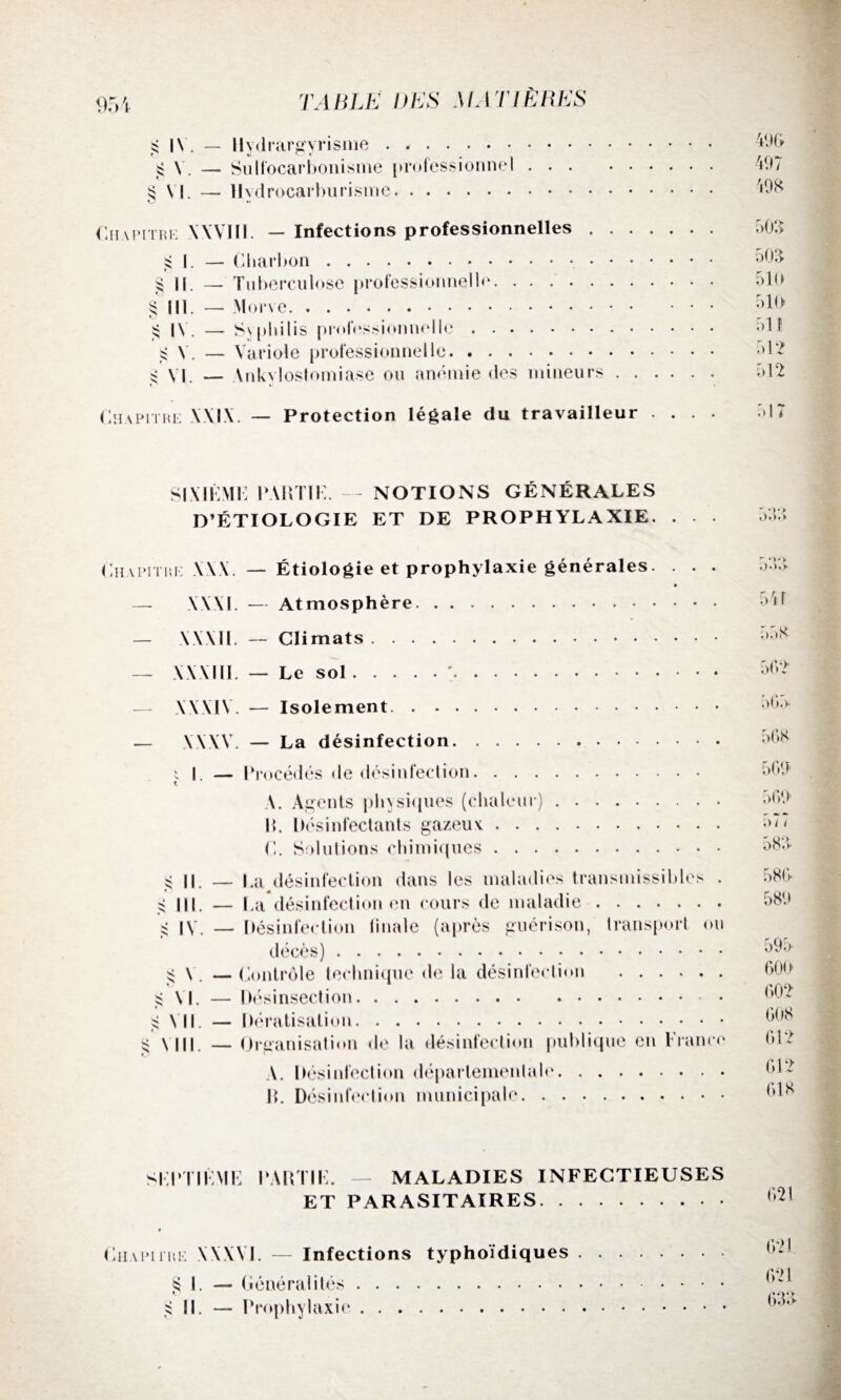 £ IV. — Hydrargyrisme. £ N. — Sulfocarbonismë professionnel. 497 S VI. — llvdrocarburisme. W O k Oiiapitre XXVIIL — Infections professionnelles. 503 I. — Charbon. 503 g II. — Tuberculose professionnelle. 510 § III. — Morve. AO £ |\. — Syphilis professionnelle. 51! ij V. — Variole professionnelle. >>1> s VI. — Ankylostomiase ou anémie des mineurs. 512 Chapitre XXIX. — Protection légale du travailleur . . . . SIXIÈME PARTIE. — NOTIONS GÉNÉRALES D’ÉTIOLOGIE ET DE PROPHYLAXIE. . Chapitre \\\. — Étiologie et prophylaxie générales. . . . » — XXXI. — Atmosphère. — \XX11. — Climats. — XXXIII. — Le sol.'. XXXIV. — Isolement. — \\\V. — La désinfection. il. — Procédés de désinfection. A. Agents physiques (chaleur). H. Désinfectants gazeux. C. Solutions chimiques. ;; || — La/lésinfeclion dans les maladies transmissibles . :< III. — La désinfection en cours de maladie. :< iv. — Désinfection finale (après guérison, transport ou décès) . \. — Contrôle technique de la désinfection . S VI. — Désinsection. £ VIL — Dératisation. £ \ 111 — Organisation de la désinfection publique en France A. Désinfection départementale. IL Désinfection municipale. <>•>•>- il r»5K 562 563 568 569' 569 o 7 / 583- 586- 589 600 602 618 SEPTIÈME PARTIE. — MALADIES INFECTIEUSES ET PARASITAIRES. 621 Chapitre XXXVJ. — Infections typhoïdiques § I. — Généralités. S IL — Prophylaxie. 621