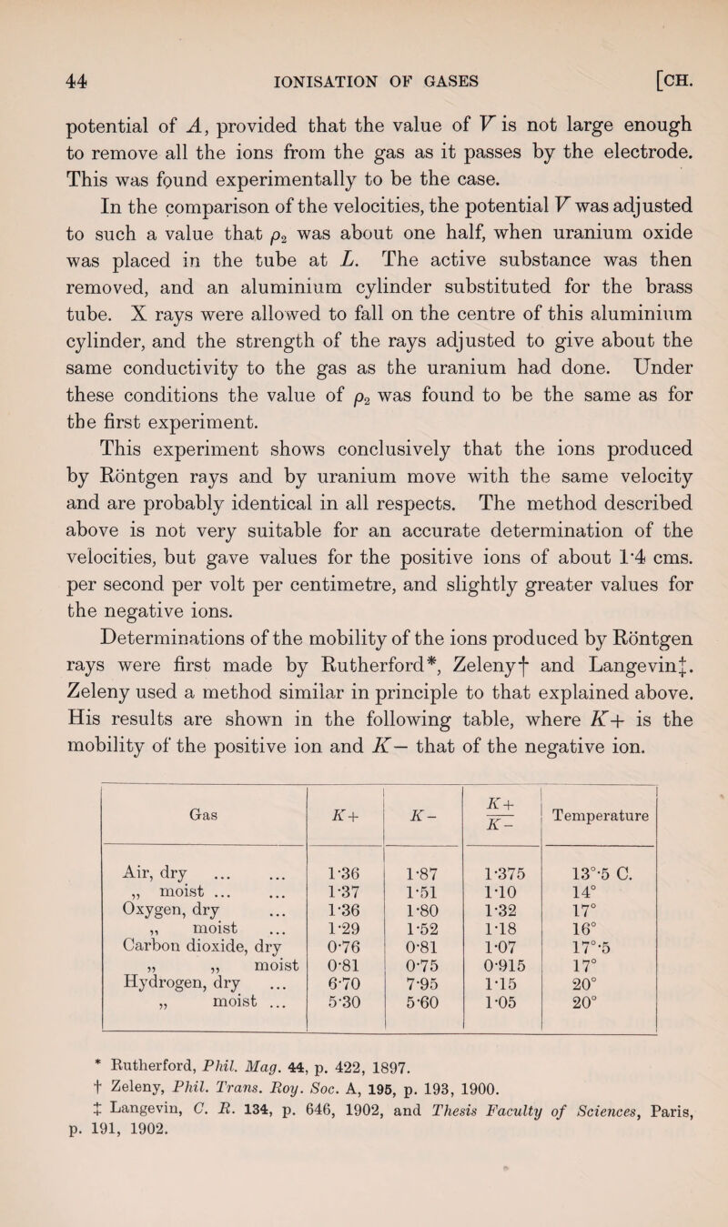 potential of A, provided that the value of V is not large enough to remove all the ions from the gas as it passes by the electrode. This was found experimentally to be the case. In the comparison of the velocities, the potential V was adjusted to such a value that p2 was about one half, when uranium oxide was placed in the tube at L. The active substance was then removed, and an aluminium cylinder substituted for the brass tube. X rays were allowed to fall on the centre of this aluminium cylinder, and the strength of the rays adjusted to give about the same conductivity to the gas as the uranium had done. Under these conditions the value of p2 was found to be the same as for the first experiment. This experiment shows conclusively that the ions produced by Rontgen rays and by uranium move with the same velocity and are probably identical in all respects. The method described above is not very suitable for an accurate determination of the velocities, but gave values for the positive ions of about T4 cms. per second per volt per centimetre, and slightly greater values for the negative ions. Determinations of the mobility of the ions produced by Rontgen rays were first made by Rutherford*, Zelenyj* and Langevinj. Zeleny used a method similar in principle to that explained above. His results are shown in the following table, where K+ is the mobility of the positive ion and K— that of the negative ion. Gas K+ K- K+ K- Temperature Air, dry . 1-36 1-87 1-375 13°-5 C. „ moist. 1-37 1*51 1-10 14° Oxygen, dry 1-36 1*80 1-32 17° ,, moist 1-29 1-52 1-18 16° Carbon dioxide, dry 0-76 0-81 1-07 17°-5 „ „ moist 0-81 0-75 0-915 17° Hydrogen, dry 6-70 7-95 1-15 20° „ moist ... 5-30 5-60 1-05 20° * Rutherford, Phil. Mag. 44, p. 422, 1897. t Zeleny, Phil. Trans. Roy. Soc. A, 195, p. 193, 1900. I Langevin, C. R. 134, p. 646, 1902, and Thesis Faculty of Sciences, Paris, p. 191, 1902.
