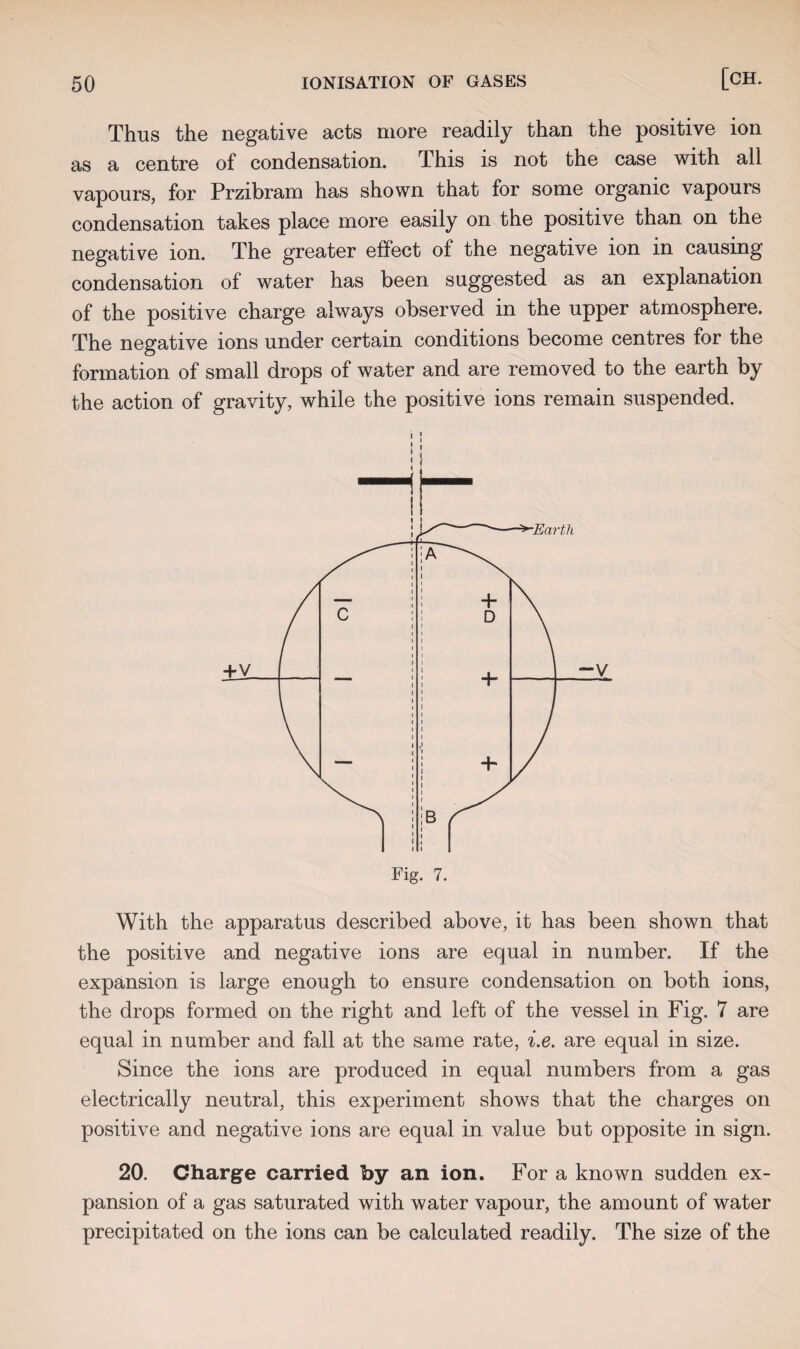 Thus the negative acts more readily than the positive ion as a centre of condensation. This is not the case with all vapours, for Przibram has shown that for some organic vapours condensation takes place more easily on the positive than on the negative ion. The greater effect of the negative ion in causing condensation of water has been suggested as an explanation of the positive charge always observed in the upper atmosphere. The negative ions under certain conditions become centres for the formation of small drops of water and are removed to the earth by the action of gravity, while the positive ions remain suspended. With the apparatus described above, it has been shown that the positive and negative ions are equal in number. If the expansion is large enough to ensure condensation on both ions, the drops formed on the right and left of the vessel in Fig. 7 are equal in number and fall at the same rate, i.e. are equal in size. Since the ions are produced in equal numbers from a gas electrically neutral, this experiment shows that the charges on positive and negative ions are equal in value but opposite in sign. 20. Charge carried by an ion. For a known sudden ex¬ pansion of a gas saturated with water vapour, the amount of water precipitated on the ions can be calculated readily. The size of the