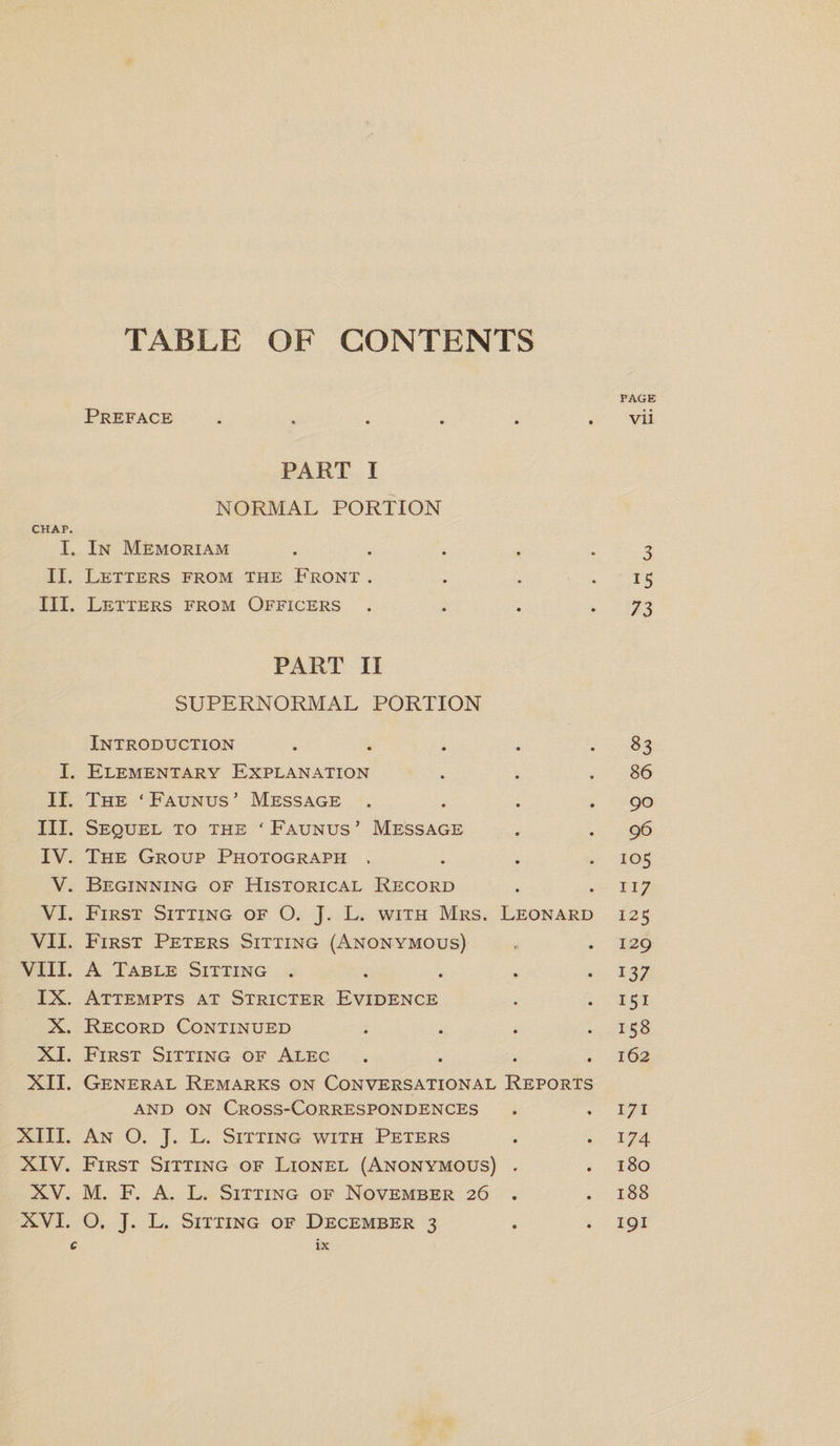 TABLE OF CONTENTS PAGE Preface . . . . . . vii PART I NORMAL PORTION CHAP. I. In Memoriam . . . , .3 II. Letters from the Front . . . 15 III. Letters from Officers . . . .73 PART II SUPERNORMAL PORTION Introduction . . . . -83 I. Elementary Explanation . . .86 II. The ‘ Faunus ’ Message . . . .90 III. Sequel to the ‘ Faunus ’ Message . . 96 IV. The Group Photograph . . . .105 V. Beginning of Historical Record . .117 VI. First Sitting of O. J. L. with Mrs. Leonard 125 VII. First Peters Sitting (Anonymous) . .129 VIII. A Table Sitting . . . . . 137 IX. Attempts at Stricter Evidence . .151 X. Record Continued . . . -158 XI. First Sitting of Alec . . . .162 XII. General Remarks on Conversational Reports and on Cross-Correspondences . *171 XIII. An O. J. L. Sitting with Peters . . 174 XIV. First Sitting of Lionel (Anonymous) . .180 XV. M. F. A. L. Sitting of November 26 . .188 XVI. O. J. L. Sitting of December 3 . .191