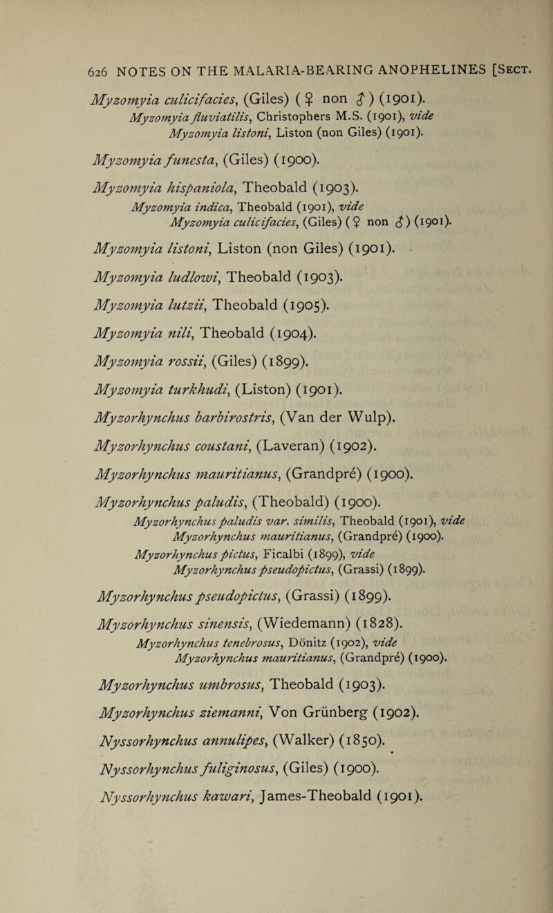 Myzomyia culicifacies, (Giles) ( $ non <? ) (1901). Myzomyiafiuviatilis, Christophers M.S. (1901), vide Myzomyia listoni, Liston (non Giles) (1901). Myzomyia funesta, (Giles) (1900). Myzomyia hispaniola, Theobald (1903). Myzomyia indica, Theobald (1901), Myzomyia culicifacies, (Giles) ( 9 non <3 ) (1901). Myzomyia listoni, Liston (non Giles) (1901). • Myzomyia ludlowi, Theobald (1903). Myzomyia lutzii, Theobald (1905). Myzomyia nili, Theobald (1904). Myzomyia rossii, (Giles) (1899). Myzomyia turkliudi, (Liston) (1901). Myzorhynchus barbirostris, (Van der Wulp). Myzorhynchus coustani, (Laveran) (1902). Myzorhynchus mauritianus, (Grandpre) (1900). Myzorhynchus paludis, (Theobald) (1900). Myzorhynchus paludis var. sbnilis, Theobald (1901), wVfe Myzorhynchus mauritianus, (Grandpre) (1900). Myzorhynchuspictus, Fic.albi (1899), Myzorhynchus pseudopictus, (Grassi) (1899). Myzorhynchus pseudopictus, (Grassi) (1899). Myzorhynchus sinensis, (Wiedemann) (1828). Myzorhynchus tenebrosus, Donitz (1902), sy/dfe Myzorhynchus mauritianus, (Grandpre) (1900). Myzorhynchus umbrosus, Theobald (1903). Myzorhynchus ziemanni, Von Griinberg (1902). Nyssorhynchus annulipes, (Walker) (1850). Nyssorhynchus fuliginosus, (Giles) (1900). Nyssorhynchus kawari, James-Theobald (1901).