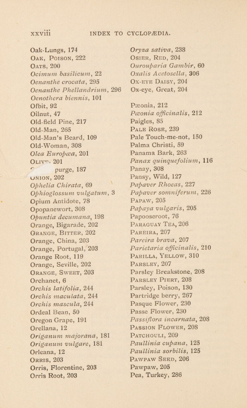 Oak-Lungs, 174 Oak, Poison, 222 Oats, 200 Ocimum basilicum, 22 Oenanthe crocata, 295 Oenanthe Phellandrium, 296 Oenothera biennis, 101 Ofbit, 92 Oilnut, 47 Old-field Pine, 217 Old-Man, 265 Old-Man’s Beard, 109 Old-Woman, 308 Olea Europcea, 201 Oliv^. 201 purge, 187 onion, 202 Ophelia Chirata, 69 Ophioglossum vulgatuni, 3 Opium Antidote, 78 Opopanewort, 308 Opuntia decumana, 198 Orange, Bigarade, 202 Orange, Bitter, 202 Orange, China, 203 Orange, Portugal, 203 Orange Root, 119 Orange, Seville, 202 Orange, Sweet, 203 Orchanet, 6 Orchis latifolia, 244 Orchis maculata, 244 Orchis mascula, 244 Ordeal Bean, 50 Oregon Grape, 191 Orellana, 12 Origanum majorana, 181 Origanum vulgare, 181 Orleana, 12 Orris, 203 Orris, Florentine, 203 Orris Root, 203 Oryza sativa, 238 Osier, Red, 204 Ourouparia Gambir, 60 Oxalis Acetosella, 306 Ox-eye Daisy, 204 Ox-eye, Great, 204 Paeonia, 212 Pceonia officinalis, 212 Paigles, 85 Pale Rose, 239 Pale Touch-me-not, 150 Palma Christi, 59 Panama Bark, 263 Panax quinquefoHum, 116 Panay, 308 Pansy, Wild, 127 Pap aver Rhoeas, 227 Papaver somniferum, 226 Papaw, 205 Papaya vulgaris, 205 Papooseroot, 76 Paraguay Tea, 206 Pareira, 207 Pareira brava, 207 Parietaria officinalis, 210 Parilla, Yellow, 310 Parsley, 207 Parsley Breakstone, 208 Parsley Piert, 208 Parsley, Poison, 130 Partridge berry, 267 Pasque Flower, 230 Passe Flower, 230 Passiflora incarnata, 208 Passion Flower, 208 Patchouli, 209 Paullinia cup ana, 125 Paullinia sorbilis, 125 Pawpaw Seed, 206 Pawpaw, 205 Pea, Turkey, 286