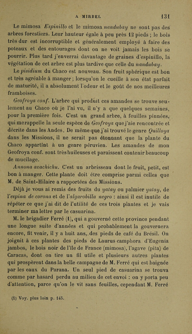 Le mimosa Espinillo et le mimosa nandubay ne sont pas des arbres forestiers. Leur hauteur égale à peu près 12 pieds ; le bois très dur est incorruptible et généralement employé à faire des poteaux et des entourages dont on ne voit jamais les bois se pourrir. Plus tard j’enverrai davantage de graines d’espinillo, la végétation de cet arbre est plus tardive que celle du nandubay. Le pisidium du Ghaco est nouveau. Son fruit sphérique est bon et très agréable à manger ; lorsqu’on le cueille à son état parfait de maturité, il a absolument l'odeur et le goût de nos meilleures framboises. Geofroya conf. L’arbre qui produit ces amandes se trouve seu¬ lement au Ghaco où je l’ai vu, il n’y a que quelques semaines, pour la première fois. C’est un grand arbre, à feuilles pinnées, qui merappelle la seule espèce de Geofroya que j’aie rencontrée et décrite dans les Andes. De même que j’ai trouvé le genre Quilloya dans les Missions, il ne serait pas étonnant que la plante du Chaco appartînt à un genre péruvien. Les amandes de mon Geofroya conf. sont trèshuileuses et paraissent contenir beaucoup de mucilage. Annona avachichu. C’est un arbrisseau dont le fruit, petit, est bon à manger. Cette plante doit être comprise parmi celles que M, de Saint-Hilaire a rapportées des Missions. Déjà je vous ai remis des fruits du yatay ou palmier yalay, de Yespina de corona et de Yalgarobilla negro : ainsi il est inutile de répéter ce que j'ai dit de Futilité de ces trois plantes et je vais terminer ma lettre par le casuarina. M. le brigadier Ferré (1), qui a gouverné cette province pendant une longue suite d’années et qui probablement la gouvernera encore, fit venir, il y a huit ans,.des pieds de café du Brésil. On joignit à ces plantes des pieds de Laurus camphora d’Eugenia jambos, le bois noir de l’île de France (mimosa), l’agave (pita) de Caracas, dont on tire un fil utile et plusieurs autres plantes qui prospèrent dans la belle campagne de M. Ferré qui est baignée par les eaux du Parana. Un seul pied de casuarina se trouva comme par hasard perdu au milieu de cet envoi : on y porta peu d’attention, parce qu’on le vil sans feuilles, cependant M. Ferré (1) Voy. plus loin p. 145.