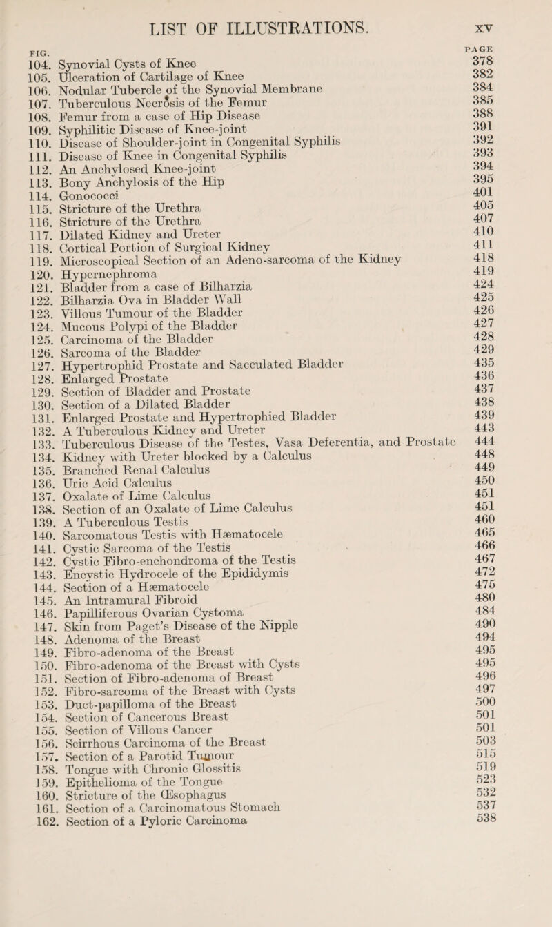 FIG. 104. Synovial Cysts of Knee 105. Ulceration of Cartilage of Knee 106. Nodular Tubercle of the Synovial Membrane 107. Tuberculous Necrosis of the Temur 108. Femur from a case of Hip Disease 109. Syphilitic Disease of Knee-joint 110. Disease of Shoulder-joint in Congenital Syphilis 111. Disease of Knee in Congenital Syphilis 112. An Anchylosed Knee-joint 113. Bony Anchylosis of the Hip 114. Gonococci 115. Stricture of the Urethra 116. Stricture of the Urethra 117. Dilated Kidney and Ureter 118. Cortical Portion of Surgical Kidney 119. Microscopical Section of an Adeno-sarcoma of the Kidney 120. Hypernephroma 121. Bladder from a case of Bilharzia 122. Bilharzia Ova in Bladder Wall 123. Villous Tumour of the Bladder 124. Mucous Polypi of the Bladder 125. Carcinoma of the Bladder 126. Sarcoma of the Bladder 127. Hypertrophid Prostate and Sacculated Bladder 128. Enlarged Prostate 129. Section of Bladder and Prostate 130. Section of a Dilated Bladder 131. Enlarged Prostate and Hypertrophied Bladder 132. A Tuberculous Kidney and Ureter 133. Tuberculous Disease of the Testes, Vasa Deferentia, and Prostate 134. Kidney with Ureter blocked by a Calculus 135. Branched Renal Calculus 136. Uric Acid Calculus 137. Oxalate of Lime Calculus 138. Section of an Oxalate of Lime Calculus 139. A Tuberculous Testis 140. Sarcomatous Testis with Hsematocele 141. Cystic Sarcoma of the Testis 142. Cystic Fibro-enchondroma of the Testis 143. Encystic Hydrocele of the Epididymis 144. Section of a Hsematocele 145. An Intramural Fibroid 146. Papilliferous Ovarian Cystoma 147. Skin from Paget’s Disease of the Nipple 148. Adenoma of the Breast 149. Fibro-adenoma of the Breast 150. Fibro-adenoma of the Breast with Cysts 151. Section of Fibro-adenoma of Breast 152. Fibro-sarcoma of the Breast with Cysts 153. Duct-papilloma of the Breast 154. Section of Cancerous Breast 155. Section of Villous Cancer 156. Scirrhous Carcinoma of the Breast 157. Section of a Parotid Tumour 158. Tongue with Chronic Glossitis 159. Epithelioma of the Tongue 160. Stricture of the QEsophagus 161. Section of a Carcinomatous Stomach 162. Section of a Pyloric Carcinoma PAGE 378 382 384 385 388 391 392 393 394 395 401 405 407 410 411 418 419 424 425 426 427 428 429 435 436 437 438 439 443 444 448 449 450 451 451 460 465 466 467 472 475 480 484 490 494 495 495 496 497 500 501 501 503 515 519 523 532 537 538