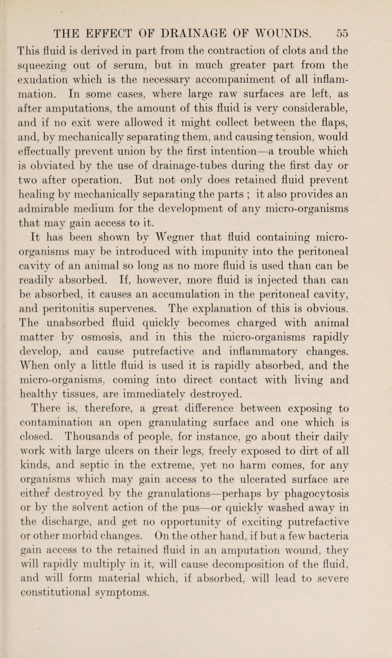 This fluid is derived in part from the contraction of clots and the squeezing out of serum, but in much greater part from the exudation which is the necessary accompaniment of all inflam¬ mation. In some cases, where large raw surfaces are left, as after amputations, the amount of this fluid is very considerable, and if no exit were allowed it might collect between the flaps, and, by mechanically separating them, and causing tension, would effectually prevent union by the first intention—a trouble which is obviated by the use of drainage-tubes during the first day or two after operation. But not only does retained fluid prevent healing by mechanically separating the parts ; it also provides an admirable medium for the development of any micro-organisms that may gain access to it. It has been shown by Wegner that fluid containing micro¬ organisms may be introduced with impunity into the peritoneal cavity of an animal so long as no more fluid is used than can be readily absorbed. If, however, more fluid is injected than can be absorbed, it causes an accumulation in the peritoneal cavity, and peritonitis supervenes. The explanation of this is obvious. The unabsorbed fluid quickly becomes charged with animal matter by osmosis, and in this the micro-organisms rapidly develop, and cause putrefactive and inflammatory changes. When only a little fluid is used it is rapidly absorbed, and the micro-organisms, coming into direct contact with living and healthy tissues, are immediately destroyed. There is, therefore, a great difference between exposing to contamination an open granulating surface and one which is closed. Thousands of people, for instance, go about their daily work with large ulcers on their legs, freely exposed to dirt of all kinds, and septic in the extreme, yet no harm comes, for any organisms which may gain access to the ulcerated surface are either destroyed by the granulations—perhaps by phagocytosis or by the solvent action of the pus—or quickly washed away in the discharge, and get no opportunity of exciting putrefactive or other morbid changes. On the other hand, if but a few bacteria gain access to the retained fluid in an amputation wound, they will rapidly multiply in it, will cause decomposition of the fluid, and will form material which, if absorbed, will lead to severe constitutional symptoms.