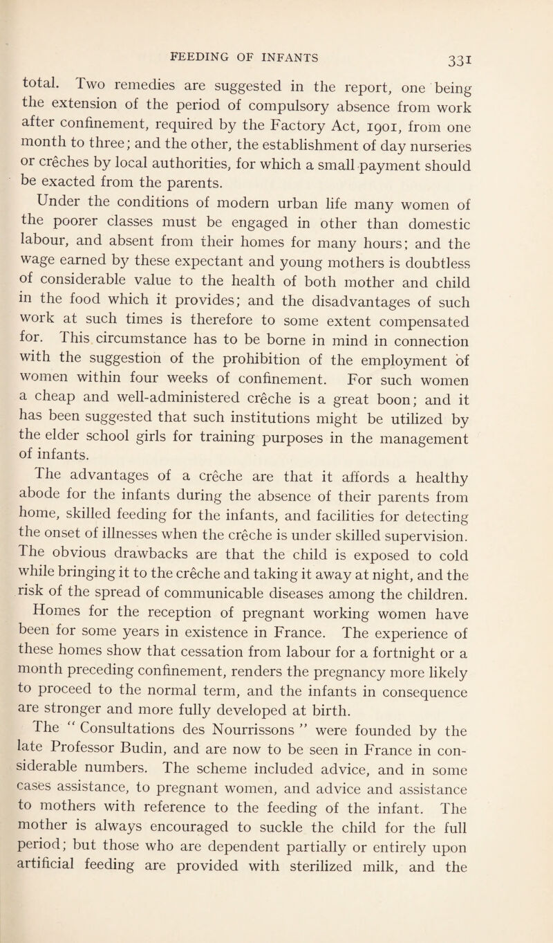 total. Two remedies are suggested in the report, one being the extension of the period of compulsory absence from work after confinement, required by the Factory Act, 1901, from one month to three; and the other, the establishment of day nurseries or creches by local authorities, for which a small payment should be exacted from the parents. Under the conditions of modern urban life many women of the poorer classes must be engaged in other than domestic labour, and absent from their homes for many hours; and the wage earned by these expectant and young mothers is doubtless of considerable value to the health of both mother and child in the food which it provides; and the disadvantages of such work at such times is therefore to some extent compensated for. This circumstance has to be borne in mind in connection with the suggestion of the prohibition of the employment of women within four weeks of confinement. For such women a cheap and well-administered creche is a great boon; and it has been suggested that such institutions might be utilized by the elder school girls for training purposes in the management of infants. The advantages of a creche are that it affords a healthy abode for the infants during the absence of their parents from home, skilled feeding for the infants, and facilities for detecting the onset of illnesses when the creche is under skilled supervision. The obvious drawbacks are that the child is exposed to cold while bringing it to the creche and taking it away at night, and the risk of the spread of communicable diseases among the children. Homes for the reception of pregnant working women have been for some years in existence in France. The experience of these homes show that cessation from labour for a fortnight or a month preceding confinement, renders the pregnancy more likely to proceed to the normal term, and the infants in consequence are stronger and more fully developed at birth. The “ Consultations des Nourrissons ” were founded by the late Professor Budin, and are now to be seen in France in con¬ siderable numbers. The scheme included advice, and in some cases assistance, to pregnant women, and advice and assistance to mothers with reference to the feeding of the infant. The mother is always encouraged to suckle the child for the full period; but those who are dependent partially or entirely upon artificial feeding are provided with sterilized milk, and the