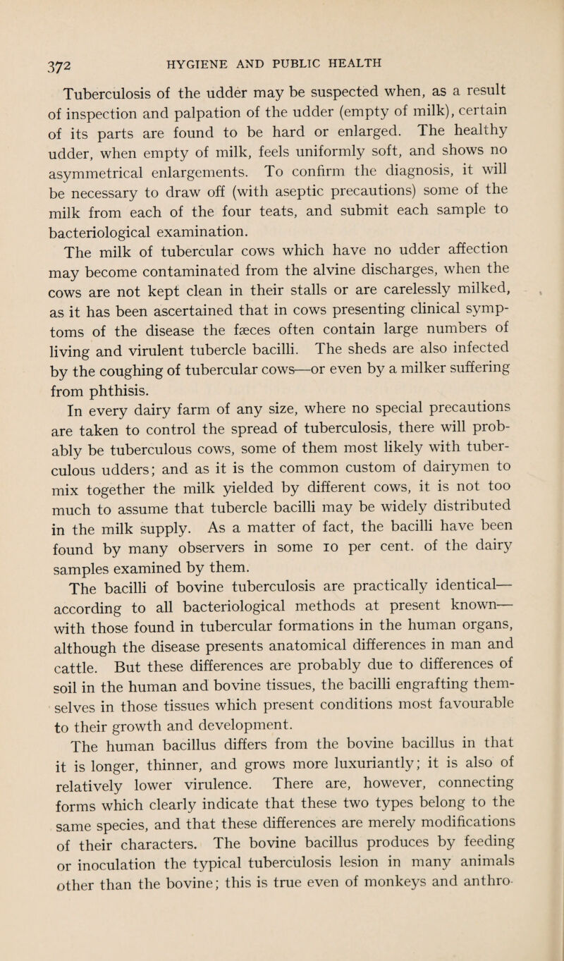 Tuberculosis of the udder may be suspected when, as a result of inspection and palpation of the udder (empty of milk), certain of its parts are found to be hard or enlarged. The healthy udder, when empty of milk, feels uniformly soft, and shows no asymmetrical enlargements. To confirm the diagnosis, it will be necessary to draw off (with aseptic precautions) some of the milk from each of the four teats, and submit each sample to bacteriological examination. The milk of tubercular cows which have no udder affection may become contaminated from the alvine discharges, when the cows are not kept clean in their stalls or are carelessly milked, as it has been ascertained that in cows presenting clinical symp¬ toms of the disease the faeces often contain large numbers of living and virulent tubercle bacilli. The sheds are also infected by the coughing of tubercular cows—or even by a milker suffering from phthisis. In every dairy farm of any size, where no special precautions are taken to control the spread of tuberculosis, there will prob¬ ably be tuberculous cows, some of them most likely with tuber¬ culous udders; and as it is the common custom of dairymen to mix together the milk yielded by different cows, it is not too much to assume that tubercle bacilli may be widely distributed in the milk supply. As a matter of fact, the bacilli have been found by many observers in some io per cent, of the dairy samples examined by them. The bacilli of bovine tuberculosis are practically identical— according to all bacteriological methods at present known— with those found in tubercular formations in the human organs, although the disease presents anatomical differences in man and cattle. But these differences are probably due to differences of soil in the human and bovine tissues, the bacilli engrafting them¬ selves in those tissues which present conditions most favourable to their growth and development. The human bacillus differs from the bovine bacillus in that it is longer, thinner, and grows more luxuriantly; it is also of relatively lower virulence. There are, however, connecting forms which clearly indicate that these two types belong to the same species, and that these differences are merely modifications of their characters. The bovine bacillus produces by feeding or inoculation the typical tuberculosis lesion in many animals other than the bovine; this is true even of monkeys and anthro-