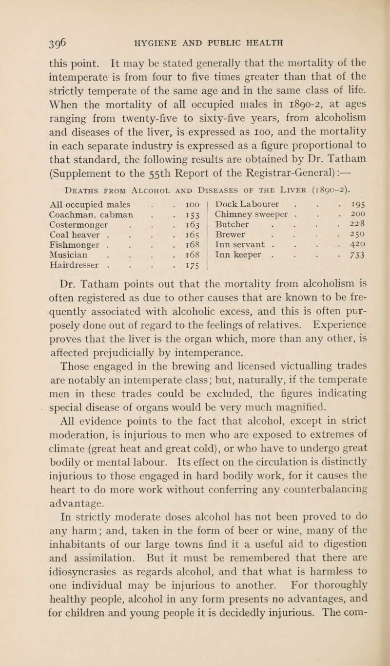 this point. It may be stated generally that the mortality of the intemperate is from four to five times greater than that of the strictly temperate of the same age and in the same class of life. When the mortality of all occupied males in 1890-2, at ages ranging from twenty-five to sixty-five years, from alcoholism and diseases of the liver, is expressed as 100, and the mortality in each separate industry is expressed as a figure proportional to that standard, the following results are obtained by Dr. Tatham (Supplement to the 55th Report of the Registrar-General):—• Deaths from Alcohol and Diseases of the Liver (1890-2). All occupied males . 100 Dock Labourer • 195 Coachman, cabman • 153 Chimney sweeper . 200 Costermonger . 163 Butcher . 228 Coal heaver . . 165 Brewer . 250 Fishmonger . . 168 Inn servant . . 420 Musician . 168 Inn keeper • 733 Hairdresser . • 175 Dr. Tatham points out that the mortality from alcoholism is often registered as due to other causes that are known to be fre¬ quently associated with alcoholic excess, and this is often pur¬ posely done out of regard to the feelings of relatives. Experience proves that the liver is the organ which, more than any other, is affected prejudicially by intemperance. Those engaged in the brewing and licensed victualling trades are notably an intemperate class; but, naturally, if the temperate men in these trades could be excluded, the figures indicating special disease of organs would be very much magnified. All evidence points to the fact that alcohol, except in strict moderation, is injurious to men who are exposed to extremes of climate (great heat and great cold), or who have to undergo great bodily or mental labour. Its effect on the circulation is distinctly injurious to those engaged in hard bodily work, for it causes the heart to do more work without conferring any counterbalancing advantage. In strictly moderate doses alcohol has not been proved to do any harm; and, taken in the form of beer or wine, many of the inhabitants of our large towns find it a useful aid to digestion and assimilation. But it must be remembered that there are idiosyncrasies as regards alcohol, and that what is harmless to one individual may be injurious to another. For thoroughly healthy people, alcohol in any form presents no advantages, and for children and young people it is decidedly injurious. The com-