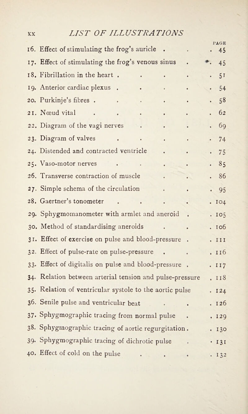 16. Effect of stimulating the frog’s auricle . 17. Effect of stimulating the frog’s venous sinus 18. Fibrillation in the heart .... 19. Anterior cardiac plexus .... 20. Purkinje’s fibres ..... 21. Nceud vital ..... 22. Diagram of the vagi nerves 23. Diagram of valves .... 24. Distended and contracted ventricle 25. Vaso-motor nerves .... 26. Transverse contraction of muscle 27. Simple schema of the circulation 28. Gaertner’s tonometer .... 29. Sphygmomanometer with armlet and aneroid 30. Method of standardising aneroids 31. Effect of exercise on pulse and blood-pressure . 32. Effect of pulse-rate on pulse-pressure 33. Effect of digitalis on pulse and blood-pressure . 34. Relation between arterial tension and pulse-pressure 35. Relation of ventricular systole to the aortic pulse 36. Senile pulse and ventricular beat 37. Sphygmographic tracing from normal pulse 38. Sphygmographic tracing of aortic regurgitation . 39. Sphygmographic tracing of dichrotic pulse 40. Effect of cold on the pulse PAGE • 45 *• 45 • 5* • 54 • 58 . 62 . 69 • 74 • 75 . 85 . 86 • 95 . 104 . 105 . 106 . hi . 116 . 117 . 118 . 124 . 126 . 129 . 130 • 131 • 132