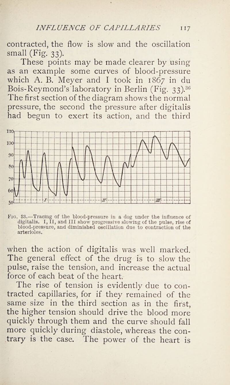 contracted, the flow is slow and the oscillation small (Fig. 33). These points may be made clearer by using as an example some curves of blood-pressure which A. B. Meyer and I took in 1867 in du Bois-Reymond’s laboratory in Berlin (Fig. 33).36 The first section of the diagram shows the normal pressure, the second the pressure after digitalis had begun to exert its action, and the third Fig. S3.—Tracing of the blood-pressure in a dog under the influence of digitalis. I, II, and III show progressive slowing of the pulse, rise of blood-pressure, and diminished oscillation due to contraction of the arterioles. when the action of digitalis was well marked. The general effect of the drug is to slow the pulse, raise the tension, and increase the actual force of each beat of the heart. The rise of tension is evidently due to con¬ tracted capillaries, for if they remained of the same size in the third section as in the first, the higher tension should drive the blood more quickly through them and the curve should fall more quickly during diastole, whereas the con¬ trary is the case. The power of the heart is