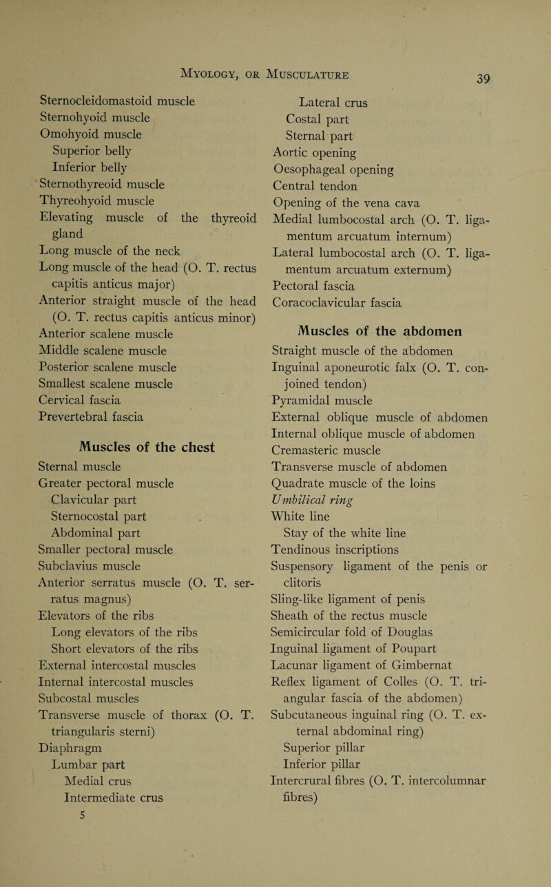 Sternocleidomastoid muscle Sternohyoid muscle Omohyoid muscle Superior belly Inferior belly ' Sternothyreoid muscle Thyreohyoid muscle Elevating muscle of the thyreoid gland Long muscle of the neck Long muscle of the head (O. T. rectus capitis anticus major) Anterior straight muscle of the head (O. T. rectus capitis anticus minor) Anterior scalene muscle Middle scalene muscle Posterior scalene muscle Smallest scalene muscle Cervical fascia Prevertebral fascia Muscles of the chest Sternal muscle Greater pectoral muscle Clavicular part Sternocostal part Abdominal part Smaller pectoral muscle Subclavius muscle Anterior serratus muscle (O. T. ser- ratus magnus) Elevators of the ribs Long elevators of the ribs Short elevators of the ribs External intercostal muscles Internal intercostal muscles Subcostal muscles Transverse muscle of thorax (O. T. triangularis sterni) Diaphragm Lumbar part Medial crus Intermediate crus Lateral crus Costal part Sternal part Aortic opening Oesophageal opening Central tendon Opening of the vena cava Medial lumbocostal arch (O. T. liga- mentum arcuatum internum) Lateral lumbocostal arch (O. T. liga- mentum arcuatum externum) Pectoral fascia Coracoclavicular fascia Muscles of the abdomen Straight muscle of the abdomen Inguinal aponeurotic falx (O. T. con¬ joined tendon) Pyramidal muscle External oblique muscle of abdomen Internal oblique muscle of abdomen Cremasteric muscle Transverse muscle of abdomen Quadrate muscle of the loins Umbilical ring White line Stay of the white line Tendinous inscriptions Suspensory ligament of the penis or clitoris Sling-like ligament of penis Sheath of the rectus muscle Semicircular fold of Douglas Inguinal ligament of Poupart Lacunar ligament of Gimbernat Reflex ligament of Colles (O. T. tri¬ angular fascia of the abdomen) Subcutaneous inguinal ring (O. T. ex¬ ternal abdominal ring) Superior pillar Inferior pillar Intercrural fibres (O. T. intercolumnar fibres) 5