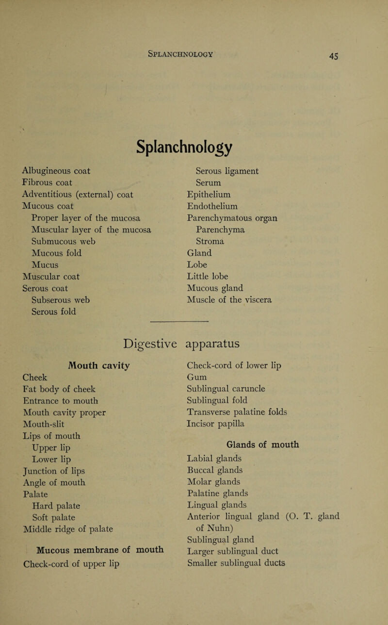 \ Splanchnology Albugineous coat Fibrous coat Adventitious (external) coat Mucous coat Proper layer of the mucosa Muscular layer of the mucosa Submucous web Mucous fold Mucus Muscular coat Serous coat Subserous web Serous fold Serous ligament Serum Epithelium Endothelium Parenchymatous organ Parenchyma Stroma Gland Lobe Little lobe Mucous gland Muscle of the viscera Digestive Mouth cavity Cheek Fat body of cheek Entrance to mouth Mouth cavity proper Mouth-slit Lips of mouth Upper lip Lower lip Junction of lips Angle of mouth Palate Hard palate Soft palate Middle ridge of palate Mucous membrane of mouth Check-cord of upper lip apparatus Check-cord of lower lip Gum Sublingual caruncle Sublingual fold Transverse palatine folds Incisor papilla Glands of mouth Labial glands Buccal glands Molar glands Palatine glands Lingual glands Anterior lingual gland (O. T. gland of Nuhn) Sublingual gland Larger sublingual duct Smaller sublingual ducts