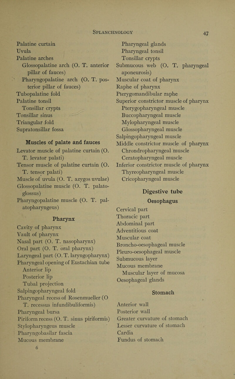 Palatine curtain Uvula Palatine arches Glossopalatine arch (O. T. anterior pillar of fauces) Pharyngopalatine arch (O. T. pos¬ terior pillar of fauces) Tubopalatine fold Palatine tonsil Tonsillar crypts Tonsillar sinus Triangular fold Supratonsillar fossa Muscles of palate and fauces Levator muscle of palatine curtain (O. T. levator palati) Tensor muscle of palatine curtain (O. T. tensor palati) Muscle of uvula (O. T. azygos uvulae) Glossopalatine muscle (O. T. palato¬ glossus) Pharyngopalatine muscle (O. T. pal- atopharyngeus) Pharynx Cavity of pharynx Vault of pharynx Nasal part (O. T. nasopharynx) Oral part (O. T. oral pharynx) Laryngeal part (O.T. laryngopharynx) Pharyngeal opening of Eustachian tube Anterior lip Posterior lip Tubal projection Salpingopharyngeal fold Pharyngeal recess of Rosenmueller (O T. recessus infundibuliformis) Pharyngeal bursa Piriform recess (O. T. sinus piriformis) Stylopharyngeus muscle Pharyngobasilar fascia Mucous membrane Pharyngeal glands Pharyngeal tonsil Tonsillar crypts Submucous web (O. T. pharyngeal aponeurosis) Muscular coat of pharynx Raphe of pharynx Pterygomandibular raphe Superior constrictor muscle of pharynx Pterygopharyngeal muscle Buccopharyngeal muscle Mylopharyngeal muscle Glossopharyngeal muscle Salpingopharyngeal muscle Middle constrictor muscle of pharynx Chrondropharyngeal muscle Ceratopharyngeal muscle Inferior constrictor muscle of pharynx Thyreopharyngeal muscle Cricopharyngeal muscle Digestive tube Oesophagus Cervical part Thoracic part Abdominal part Adventitious coat Muscular coat Broncho-oesophageal muscle Pleuro-oesophageal muscle Submucous layer Mucous membrane Muscular layer of mucosa Oesophageal glands Stomach Anterior wall Posterior wall Greater curvature of stomach Lesser curvature of stomach Cardia Fundus of stomach 6