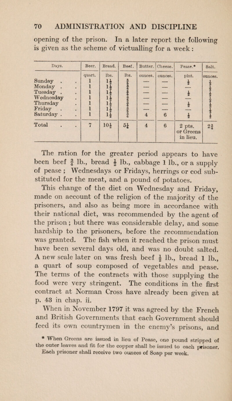 opening of the prison. In a later report the following is given as the scheme of victualling for a week: Days. Beer. Bread. Beef. Butter. Cheese. Pease.* Salt. quart. lbs. Ib3. ounces. ounces. pint. ounces. Sunday 1 H 1 — — 1 1 Monday . 1 H 1 — — 1 Tuesday . 1 n — — 1 1 W ednesday 1 H t — — X Thursday 1 H t — — 1 1 Friday 1 H 1 —. — 1 Saturday . 1 3 4 4 6 i 1 Total 7 101 51 4 6 2 pts. or Greens in lieu. 2f The ration for the greater period appears to have been beef f lb., bread £ lb., cabbage 1 lb., or a supply of pease ; Wednesdays or Fridays, herrings or cod sub¬ stituted for the meat, and a pound of potatoes. This change of the diet on Wednesday and Friday, made on account of the religion of the majority of the prisoners, and also as being more in accordance with their national diet, was recommended by the agent of the prison; but there was considerable delay, and some hardship to the prisoners, before the recommendation was granted. The fish when it reached the prison must have been several days old, and was no doubt salted. A new scale later on was fresh beef £ lb., bread 1 lb., a quart of soup composed of vegetables and pease. The terms of the contracts writh those supplying the food were very stringent. The conditions in the first contract at Norman Cross have already been given at p. 43 in chap. ii. When in November 1797 it was agreed by the French and British Governments that each Government should feed its own countrymen in the enemy’s prisons, and * When Greens are issued in lieu of Pease, one pound stripped of the outer leaves and fit for the copper shall be issued to each prisoner. Each prisoner shall receive two ounces of Soap per week.