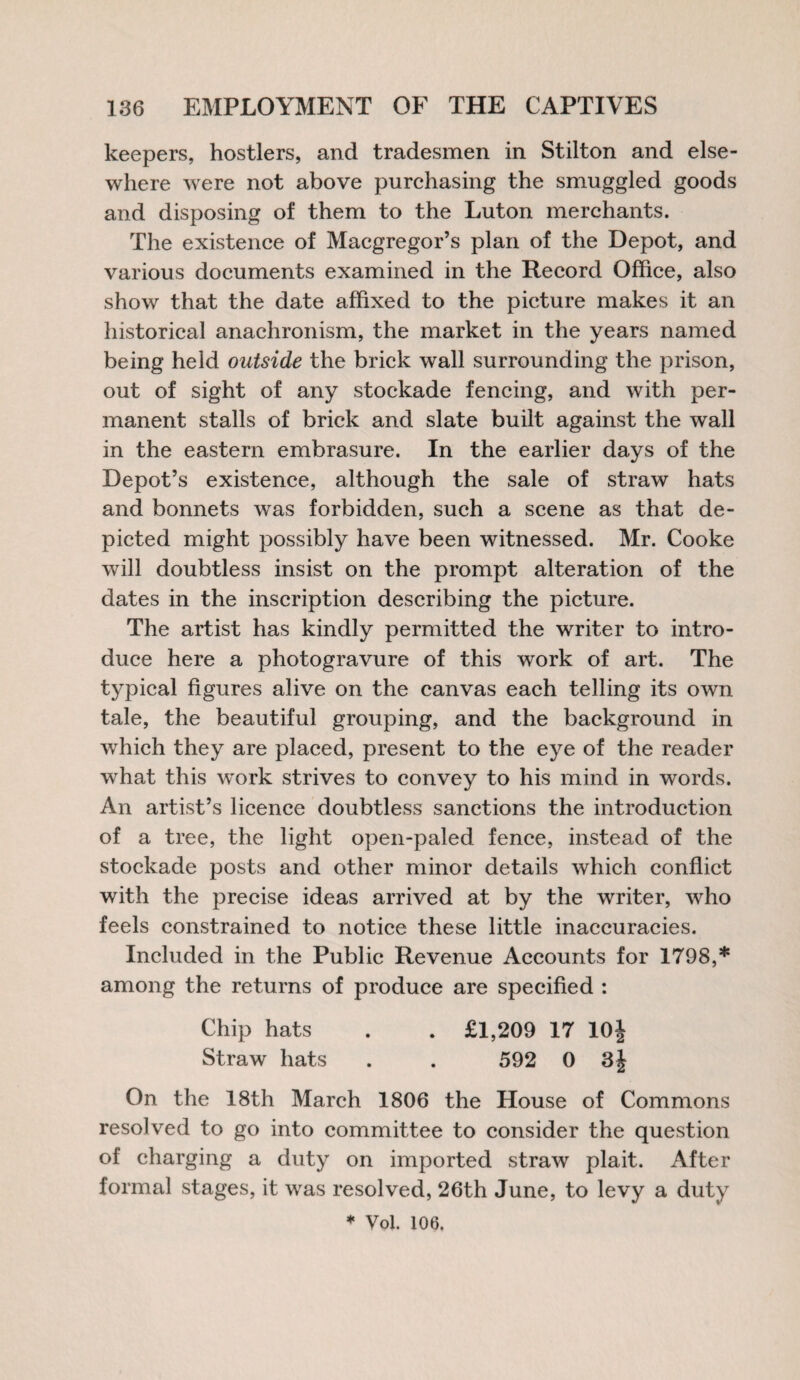 keepers, hostlers, and tradesmen in Stilton and else¬ where were not above purchasing the smuggled goods and disposing of them to the Luton merchants. The existence of Macgregor’s plan of the Depot, and various documents examined in the Record Office, also show that the date affixed to the picture makes it an historical anachronism, the market in the years named being held outside the brick wall surrounding the prison, out of sight of any stockade fencing, and with per¬ manent stalls of brick and slate built against the wall in the eastern embrasure. In the earlier days of the Depot’s existence, although the sale of straw hats and bonnets was forbidden, such a scene as that de¬ picted might possibly have been witnessed. Mr. Cooke will doubtless insist on the prompt alteration of the dates in the inscription describing the picture. The artist has kindly permitted the writer to intro¬ duce here a photogravure of this work of art. The typical figures alive on the canvas each telling its own tale, the beautiful grouping, and the background in which they are placed, present to the eye of the reader what this work strives to convey to his mind in words. An artist’s licence doubtless sanctions the introduction of a tree, the light open-paled fence, instead of the stockade posts and other minor details which conflict with the precise ideas arrived at by the writer, who feels constrained to notice these little inaccuracies. Included in the Public Revenue Accounts for 1798,* among the returns of produce are specified : Chip hats . . £1,209 17 10J Straw hats . . 592 0 3j On the 18th March 1806 the House of Commons resolved to go into committee to consider the question of charging a duty on imported straw plait. After formal stages, it was resolved, 26th June, to levy a duty ♦ Vol. 106.