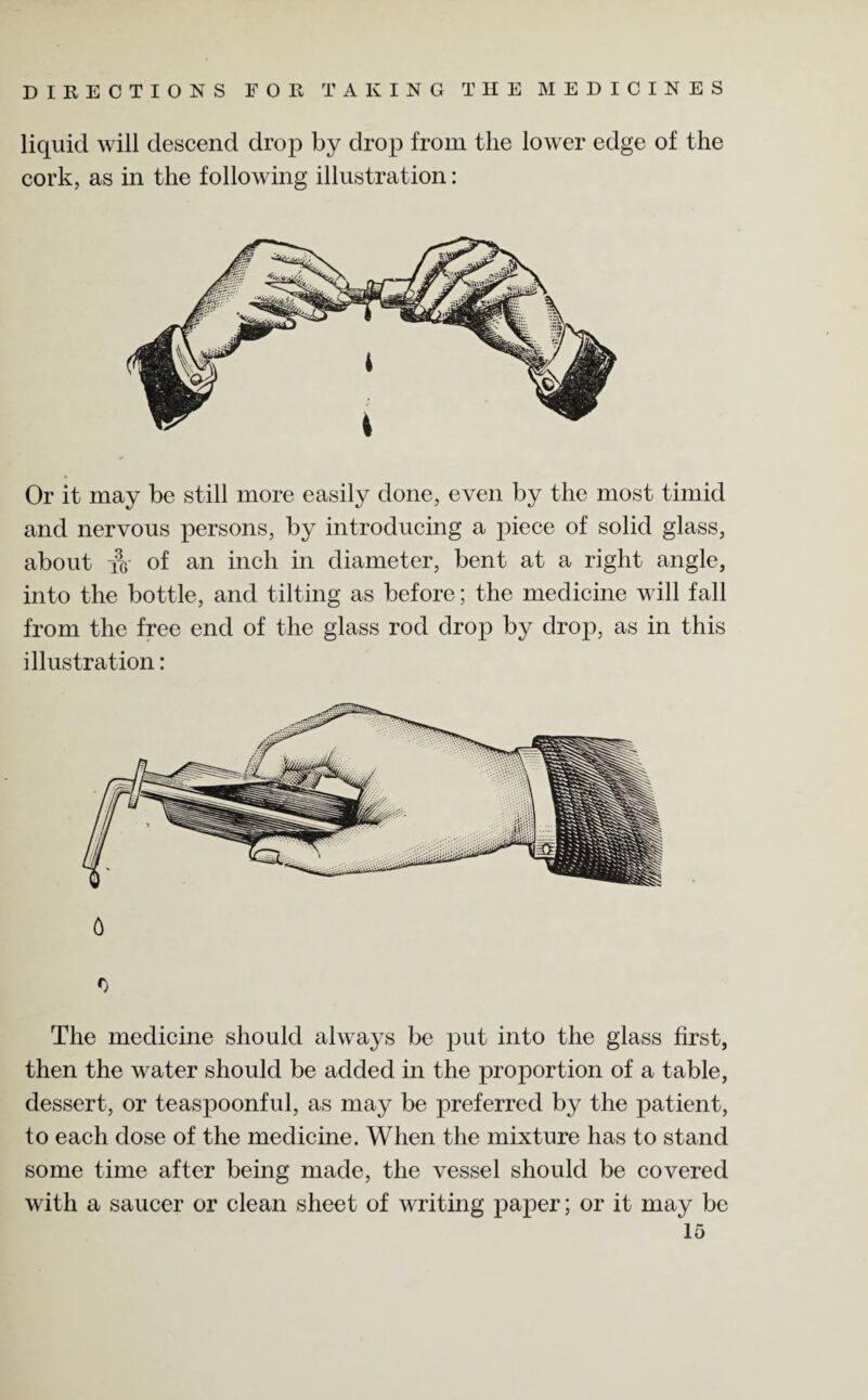 DIRECTIONS FOR TAKING THE MEDICINES liquid will descend drop by drop from the lower edge of the cork, as in the following illustration: Or it may be still more easily done, even by the most timid and nervous joersons, by introducing a piece of solid glass, about tg of an inch in diameter, bent at a right angle, into the bottle, and tilting as before; the medicine will fall from the free end of the glass rod drop by drop, as in this illustration: 0 0 The medicine should always be put into the glass first, then the water should be added in the proportion of a table, dessert, or teaspoonful, as may be preferred by the patient, to each dose of the medicine. When the mixture has to stand some time after being made, the vessel should be covered with a saucer or clean sheet of writing paper; or it may be