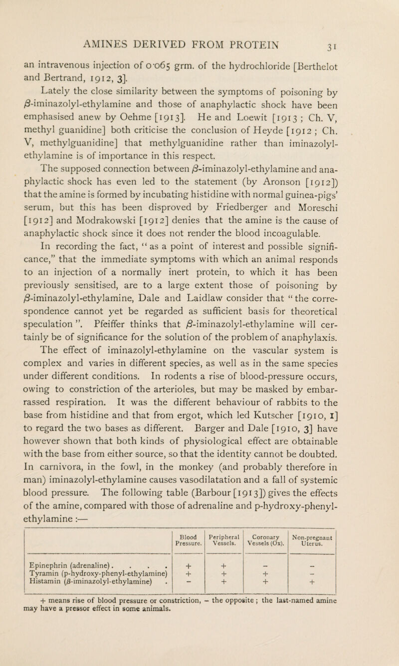 an intravenous injection of 0-065 grm. of the hydrochloride [Berthelot and Bertrand, 1912, 3]. Lately the close similarity between the symptoms of poisoning by ^-iminazolyl-ethylamine and those of anaphylactic shock have been emphasised anew by Oehme [1913]. He and Loewit [1913 ; Ch. V, methyl guanidine] both criticise the conclusion of Heyde [1912 ; Ch. V, methylguanidine] that methylguanidine rather than iminazolyl- ethylamine is of importance in this respect. The supposed connection between /3-iminazolyl-ethylamine and ana¬ phylactic shock has even led to the statement (by Aronson [1912]) that the amine is formed by incubating histidine with normal guinea-pigs’ serum, but this has been disproved by Friedberger and Moreschi [1912] and Modrakowski [1912] denies that the amine is the cause of anaphylactic shock since it does not render the blood incoagulable. In recording the fact, ‘‘as a point of interest and possible signifi¬ cance,” that the immediate symptoms with which an animal responds to an injection of a normally inert protein, to which it has been previously sensitised, are to a large extent those of poisoning by /3-iminazolyl-ethylamine, Dale and Laidlaw consider that “ the corre¬ spondence cannot yet be regarded as sufficient basis for theoretical speculation Pfeiffer thinks that /^iminazolyl-ethylamine will cer¬ tainly be of significance for the solution of the problem of anaphylaxis. The effect of iminazolyl-ethylamine on the vascular system is complex and varies in different species, as well as in the same species under different conditions. In rodents a rise of blood-pressure occurs, owing to constriction of the arterioles, but may be masked by embar¬ rassed respiration. It was the different behaviour of rabbits to the base from histidine and that from ergot, which led Kutscher [1910, I] to regard the two bases as different. Barger and Dale [1910, 3] have however shown that both kinds of physiological effect are obtainable with the base from either source, so that the identity cannot be doubted. In carnivora, in the fowl, in the monkey (and probably therefore in man) iminazolyl-ethylamine causes vasodilatation and a fall of systemic blood pressure. The following table (Barbour [1913]) gives the effects of the amine, compared with those of adrenaline and p-hydroxy-phenyl- ethylamine :— Blood Pressure. Peripheral Vessels. Coronary Vessels (Ox). Non-pregnant Uterus. Epinephrin (adrenaline).... + + _ Tyramin (p-hydroxy-phenyl-ethylamine) + + + — Histamin (/3-iminazolyl-ethylamine) + 4 + + means rise of blood pressure or constriction, - the opposite ; the last-named amine may have a pressor effect in some animals.