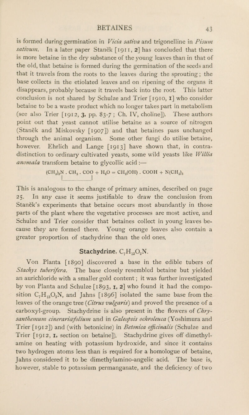 is formed during germination in Vida sativa and trigonelline in Pismn sativum. In a later paper Stanek [1911, 2] has concluded that there is more betaine in the dry substance of the young leaves than in that of the old, that betaine is formed during the germination of the seeds and that it travels from the roots to the leaves during the sprouting; the base collects in the etiolated leaves and on ripening of the organs it disappears, probably because it travels back into the root This latter conclusion is not shared by Schulze and Trier [1910, 1] who consider betaine to be a waste product which no longer takes part in metabolism (see also Trier [1912, 3, pp. 83-7 ; Ch. IV, choline]). These authors point out that yeast cannot utilise betaine as a source of nitrogen (Stanek and Miskovsky [1907]) and that betaines pass unchanged through the animal organism. Some other fungi do utilise betaine, however. Ehrlich and Lange [1913] have shown that, in contra¬ distinction to ordinary cultivated yeasts, some wild yeasts like Willia anomala transform betaine to glycollic acid :— (CH3)3N . CH2 . COO + H20 = CH2(OH) . COOH + N(CH3)3 This is analogous to the change of primary amines, described on page 25. In any case it seems justifiable to draw the conclusion from Stanek’s experiments that betaine occurs most abundantly in those parts of the plant where the vegetative processes are most active, and Schulze and Trier consider that betaines collect in young leaves be¬ cause they are formed there. Young orange leaves also contain a greater proportion of stachydrine than the old ones. Stachydrine, C7H1302N. Von Planta [1890] discovered a base in the edible tubers of Stachys tuberifera. The base closely resembled betaine but yielded an aurichloride with a smaller gold content; it was further investigated by von Planta and Schulze [1893, 1, 2] who found it had the compo¬ sition C7H1302N, and Jahns [1896] isolated the same base from the leaves of the orange tree (Citrus vulgaris') and proved the presence of a carboxyl-group. Stachydrine is also present in the flowers of Chry¬ santhemum cineraricefolium and in Galeopsis ochroleuca (Yoshimura and Trier [1912]) and (with betonicine) in Betonica officinalis (Schulze and Trier [1912, I, section on betaine]). Stachydrine gives off dimethyl- amine on heating with potassium hydroxide, and since it contains two hydrogen atoms less than is required for a homologue of betaine, Jahns considered it to be dimethylamino-angelic acid. The base is, however, stable to potassium permanganate, and the deficiency of two