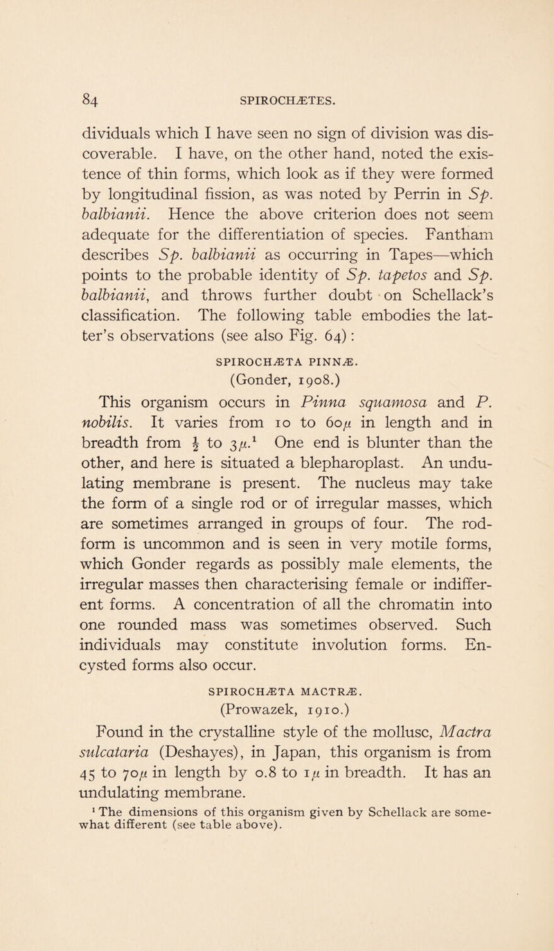 dividuals which I have seen no sign of division was dis¬ coverable. I have, on the other hand, noted the exis¬ tence of thin forms, which look as if they were formed by longitudinal fission, as was noted by Perrin in Sp. balbianii. Hence the above criterion does not seem adequate for the differentiation of species. Fantham describes Sp. balbianii as occurring in Tapes—which points to the probable identity of Sp. tapetos and Sp. balbianii, and throws further doubt on Schellack’s classification. The following table embodies the lat¬ ter’s observations (see also Fig. 64): SPIRO CHET A PINNE. (Gonder, 1908.) This organism occurs in Pinna squamosa and P. nobilis. It varies from 10 to 60jj. in length and in breadth from \ to 3/c1 One end is blunter than the other, and here is situated a blepharoplast. An undu¬ lating membrane is present. The nucleus may take the form of a single rod or of irregular masses, which are sometimes arranged in groups of four. The rod- form is uncommon and is seen in very motile forms, which Gonder regards as possibly male elements, the irregular masses then characterising female or indiffer¬ ent forms. A concentration of all the chromatin into one rounded mass was sometimes observed. Such individuals may constitute involution forms. En¬ cysted forms also occur. SPIROCHETA MACTRE. (Prowazek, 1910.) Found in the crystalline style of the mollusc, Mactra sulcataria (Deshayes), in Japan, this organism is from 45 to 70fi in length by 0.8 to iji in breadth. It has an undulating membrane. 1 The dimensions of this organism given by Schellack are some¬ what different (see table above).