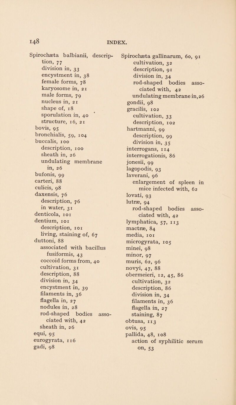 Spirochaeta balbianii, descrip¬ tion, 77 division in, 33 encystment in, 38 female forms, 78 karyosome in, 21 male forms, 79 nucleus in, 21 shape of, 18 sporulation in, 40 structure, 16, 21 bo vis, 95 bronchialis, 59, 104 buccalis, 100 description, 100 sheath in, 26 undulating membrane in, 26 bufonis, 99 carteri, 88 culicis, 98 daxensis, 76 description, 76 in water, 31 denticola, 101 dentium, 101 description, 101 living, staining of, 67 duttoni, 88 associated with bacillus fusiformis, 43 coccoid forms from, 40 cultivation, 31 description, 88 division in, 34 encystment in, 39 filaments in, 36 flagella in, 27 nodules in, 28 rod-shaped bodies asso¬ ciated with, 42 sheath in, 26 equi, 95 eurogyrata, 116 gadi, 98 Spirochaeta gallinarum, 60, 91 cultivation, 32 description, 91 division in, 34 rod-shaped bodies asso¬ ciated with, 42 undulating membrane in,26 gondii, 98 gracilis, 102 cultivation, 33 description, 102 hartmanni, 99 description, 99 division in, 35 interrogans, 114 interrogationis, 86 jonesii, 99 lagopodis, 93 laverani, 96 enlargement of spleen in mice infected with, 62 lovati, 93 lutrae, 94 rod-shaped bodies asso¬ ciated with, 42 lymphatica, 57, 113 mactrae, 84 media, 101 microgyrata, 105 minei, 98 minor, 97 muris, 62, 96 novyi, 47, 88 obermeieri, 12, 45, 86 cultivation, 32 description, 86 division in, 34 filaments in, 36 flagella in, 27 staining, 87 obtusa, 113 ovis, 95 pallida, 48, 108 action of syphilitic serum