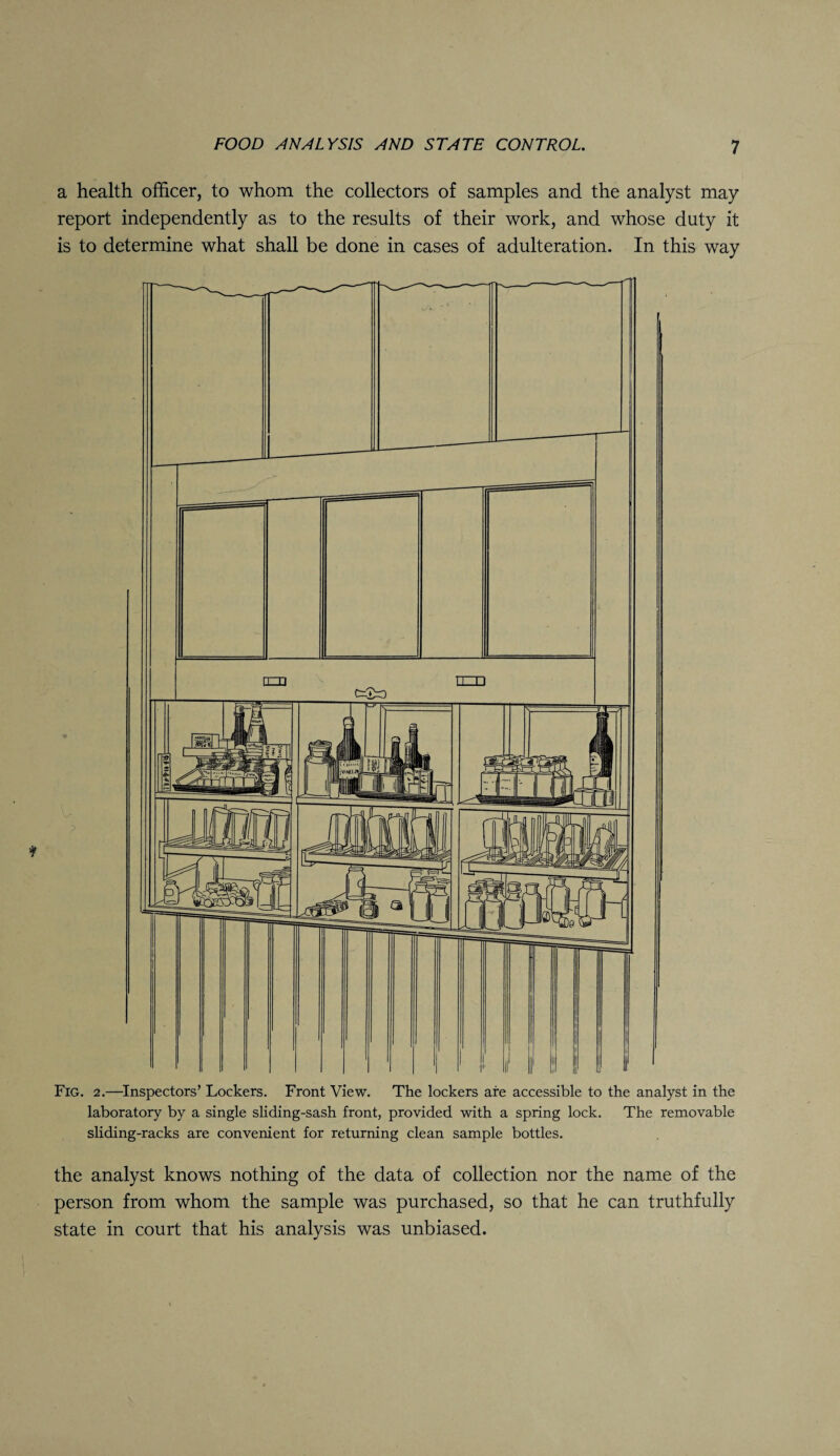 a health officer, to whom the collectors of samples and the analyst may report independently as to the results of their work, and whose duty it is to determine what shall be done in cases of adulteration. In this way Fig. 2.—Inspectors’ Lockers. Front View. The lockers are accessible to the analyst in the laboratory by a single sliding-sash front, provided with a spring lock. The removable sliding-racks are convenient for returning clean sample bottles. the analyst knows nothing of the data of collection nor the name of the person from whom the sample was purchased, so that he can truthfully state in court that his analysis was unbiased.