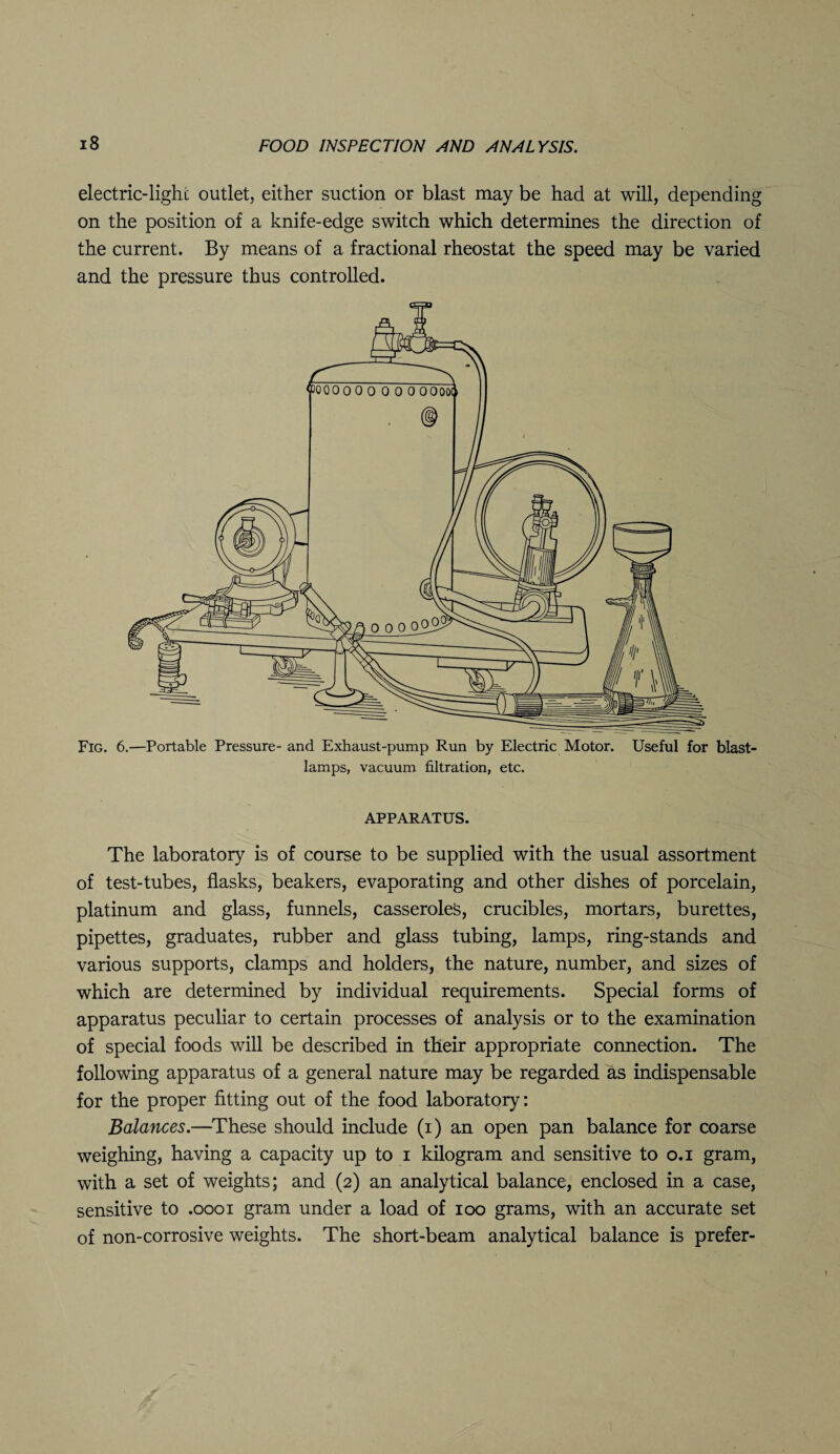 electric-lighc outlet, either suction or blast may be had at will, depending on the position of a knife-edge switch which determines the direction of the current. By means of a fractional rheostat the speed may be varied and the pressure thus controlled. Fig. 6.—Portable Pressure- and Exhaust-pump Run by Electric Motor. Useful for blast- lamps, vacuum filtration, etc. APPARATUS. The laboratory is of course to be supplied with the usual assortment of test-tubes, flasks, beakers, evaporating and other dishes of porcelain, platinum and glass, funnels, casseroles, crucibles, mortars, burettes, pipettes, graduates, rubber and glass tubing, lamps, ring-stands and various supports, clamps and holders, the nature, number, and sizes of which are determined by individual requirements. Special forms of apparatus peculiar to certain processes of analysis or to the examination of special foods will be described in their appropriate connection. The following apparatus of a general nature may be regarded as indispensable for the proper fitting out of the food laboratory: Balances.—These should include (i) an open pan balance for coarse weighing, having a capacity up to i kilogram and sensitive to o.i gram, with a set of weights; and (2) an analytical balance, enclosed in a case, sensitive to .0001 gram under a load of 100 grams, with an accurate set of non-corrosive weights. The short-beam analytical balance is prefer-