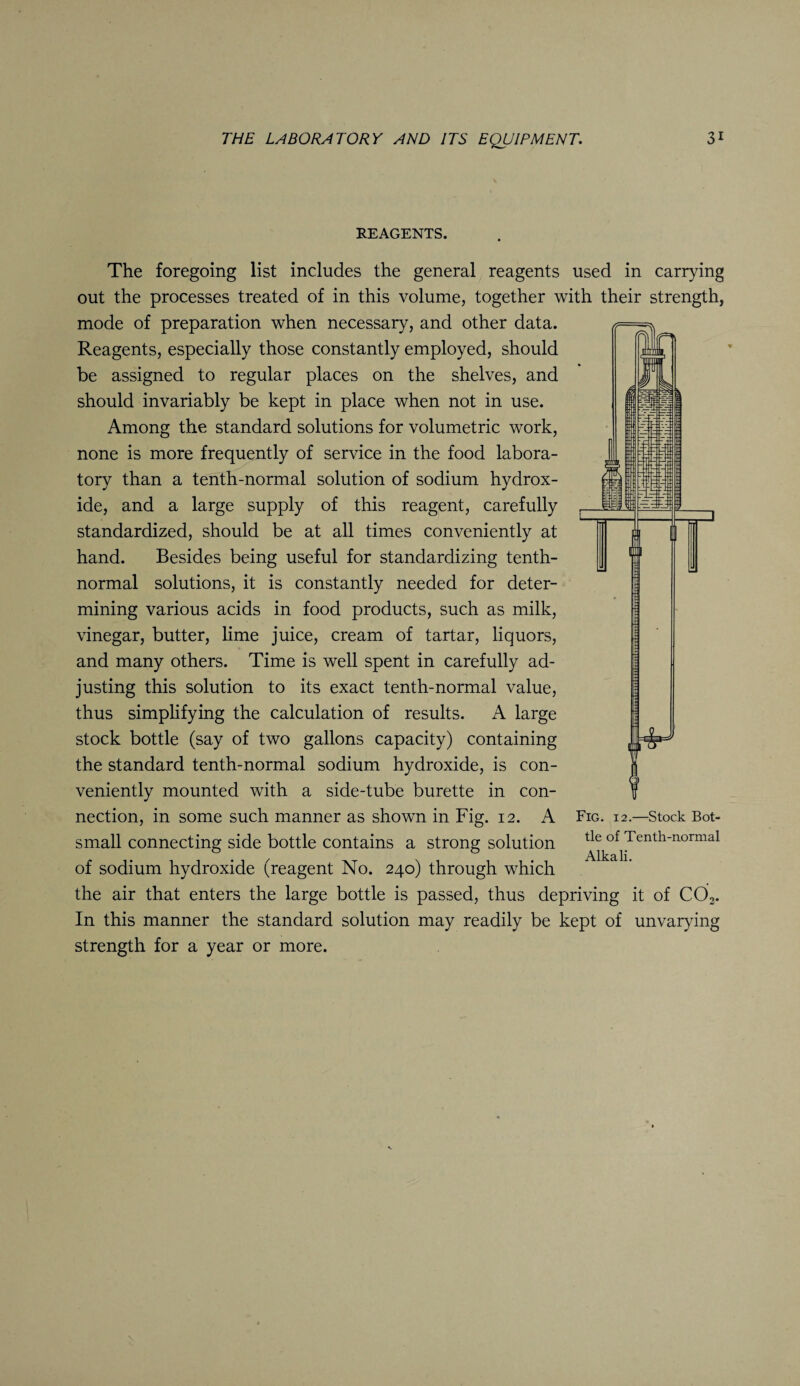 REAGENTS. The foregoing list includes the general reagents used in carrying out the processes treated of in this volume, together with their strength, mode of preparation when necessary, and other data. Reagents, especially those constantly employed, should be assigned to regular places on the shelves, and should invariably be kept in place when not in use. Among the standard solutions for volumetric work, none is more frequently of service in the food labora¬ tory than a tenth-normal solution of sodium hydrox¬ ide, and a large supply of this reagent, carefully standardized, should be at all times conveniently at hand. Besides being useful for standardizing tenth- normal solutions, it is constantly needed for deter¬ mining various acids in food products, such as milk, vinegar, butter, lime juice, cream of tartar, liquors, and many others. Time is well spent in carefully ad¬ justing this solution to its exact tenth-normal value, thus simplifying the calculation of results. A large stock bottle (say of two gallons capacity) containing the standard tenth-normal sodium hydroxide, is con¬ veniently mounted with a side-tube burette in con¬ nection, in some such manner as shown in Fig. 12. A small connecting side bottle contains a strong solution of sodium hydroxide (reagent No. 240) through which the air that enters the large bottle is passed, thus depriving it of C02. In this manner the standard solution may readily be kept of unvarying strength for a year or more. Fig. 12.—Stock Bot¬ tle of Tenth-normal Alkali.