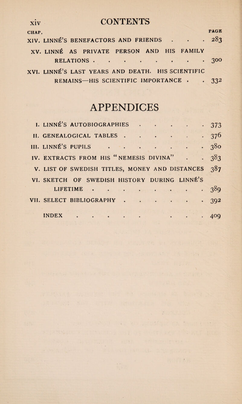 CHAP. XIV. linne’s benefactors and friends XV. LINN& AS PRIVATE PERSON AND HIS FAMILY RELATIONS .. XVI. LINNtf’S LAST YEARS AND DEATH. HIS SCIENTIFIC REMAINS—HIS SCIENTIFIC IMPORTANCE . APPENDICES I. LINNE’S AUTOBIOGRAPHIES. II. GENEALOGICAL TABLES ..... III. LINNtf’S PUPILS. IV. EXTRACTS FROM HIS “NEMESIS DIVINA” V. LIST OF SWEDISH TITLES, MONEY AND DISTANCES VI. SKETCH OF SWEDISH HISTORY DURING LINN&’S LIFETIME. VII. SELECT BIBLIOGRAPHY. INDEX. . PAGE 283 300 332 373 376 380 383 387 389 392 409