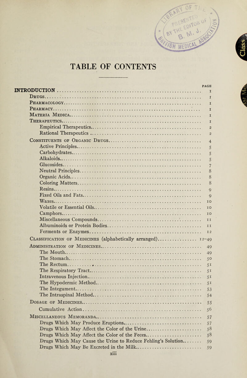 TABLE OF CONTENTS PAGE INTRODUCTION. i Drugs. i Pharmacology. i Pharmacy. i Materia Medica. i Therapeutics. i Empirical Therapeutics. 2 Rational Therapeutics. 2 Constituents of Organic Drugs. 4 Active Principles. 5 Carbohydrates. 5 Alkaloids. 5 Glucosides. 7 Neutral Principles. 8 Organic Acids. 8 Coloring Matters. 8 Resins. 9 Fixed Oils and Fats. 9 Waxes. 10 Volatile or Essential Oils. 10 Camphors. 10 Miscellaneous Compounds.'. n Albuminoids or Protein Bodies. n Ferments or Enzymes. 12 Classification of Medicines (alphabetically arranged). 12-49 Administration of Medicines. 49 The Mouth. 49 The Stomach. 50 The Rectum. 51 The Respiratory Tract. 51 Intravenous Injection. 51 The Hypodermic Method. 51 The Integument. 53 The Intraspinal Method. 54 Dosage of Medicines. 55 Cumulative Action. 56 Miscellaneous Memoranda. 57 Drugs Which May Produce Eruptions. 57 Drugs Which May Affect the Color of the Urine. 58 Drugs Which May Affect the Color of the Feces. 58 Drugs Which May Cause the Urine to Reduce Fehling’s Solution. 59 Drugs Which May Be Excreted in the Milk. 59 xm