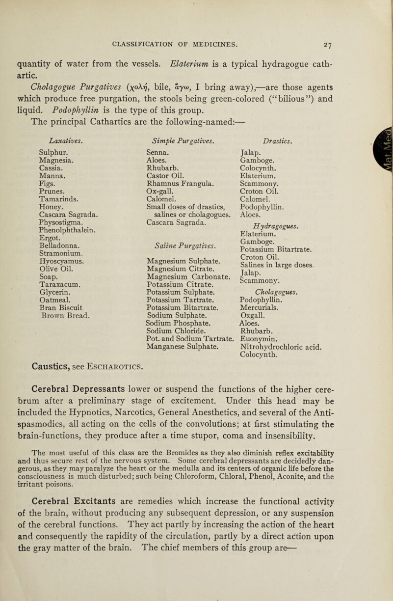 quantity of water from the vessels. Elaterium is a typical hydragogue cath¬ artic. Cholagogue Purgatives (xoA/7, bile, ayw, I bring away),—are those agents which produce free purgation, the stools being green-colored (“bilious”) and liquid. Podophyllin is the type of this group. The principal Cathartics are the following-named:— Laxatives. Simple Purgatives. Drastics. Sulphur. Senna. Jalap. Magnesia. Aloes. Gamboge. Cassia. Rhubarb. Colocynth. Manna. Castor Oil. Elaterium. Figs. Rhamnus Frangula. Scammony. Prunes. Ox-gall. Croton Oil. Tamarinds. Calomel. Calomel. Honey. Small doses of drastics, Podophyllin. Cascara Sagrada. salines or cholagogues. Aloes. Physostigma. Phenolphthalein. Cascara Sagrada. Hydragogues. Elaterium. Ergot. Belladonna. Stramonium. Hyoscyamus. Olive Oil. Saline Purgatives. Magnesium Sulphate. Magnesium Citrate. Gamboge. Potassium Bitartrate. Croton Oil. Salines in large doses. Jalap. Scammony. Soap. Magnesium Carbonate. Taraxacum. Potassium Citrate. Glycerin. Potassium Sulphate. Cholagogues. Oatmeal. Potassium Tartrate. Podophyllin. Bran Biscuit Potassium Bitartrate. Mercurials. Brown Bread. Sodium Sulphate. Oxgall. Sodium Phosphate. Sodium Chloride. Pot. and Sodium Tartrate. Manganese Sulphate. Aloes. Rhubarb. Euonymin. Nitrohydrochloric acid. Colocynth. Caustics, see Escharotics. Cerebral Depressants lower or suspend the functions of the higher cere¬ brum after a preliminary stage of excitement. Under this head may be included the Hypnotics, Narcotics, General Anesthetics, and several of the Anti- spasmodics, all acting on the cells of the convolutions; at first stimulating the brain-functions, they produce after a time stupor, coma and insensibility. The most useful of this class are the Bromides as they also diminish reflex excitability and thus secure rest of the nervous system. Some cerebral depressants are decidedly dan¬ gerous, as they may paralyze the heart or the medulla and its centers of organic life before the consciousness is much disturbed; such being Chloroform, Chloral, Phenol, Aconite, and the irritant poisons. Cerebral Excitants are remedies which increase the functional activity of the brain, without producing any subsequent depression, or any suspension of the cerebral functions. They act partly by increasing the action of the heart and consequently the rapidity of the circulation, partly by a direct action upon the gray matter of the brain. The chief members of this group are—