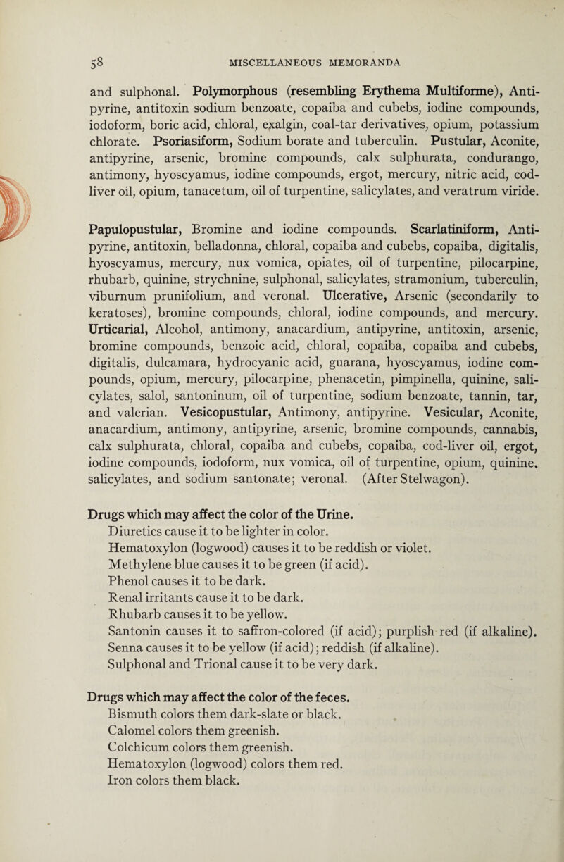 and sulphonal. Polymorphous (resembling Erythema Multiforme), Anti¬ pyrine, antitoxin sodium benzoate, copaiba and cubebs, iodine compounds, iodoform, boric acid, chloral, exalgin, coal-tar derivatives, opium, potassium chlorate. Psoriasiform, Sodium borate and tuberculin. Pustular, Aconite, antipyrine, arsenic, bromine compounds, calx sulphurata, condurango, antimony, hyoscyamus, iodine compounds, ergot, mercury, nitric acid, cod- liver oil, opium, tanacetum, oil of turpentine, salicylates, and veratrum viride. Papulopustular, Bromine and iodine compounds. Scarlatiniform, Anti¬ pyrine, antitoxin, belladonna, chloral, copaiba and cubebs, copaiba, digitalis, hyoscyamus, mercury, nux vomica, opiates, oil of turpentine, pilocarpine, rhubarb, quinine, strychnine, sulphonal, salicylates, stramonium, tuberculin, viburnum prunifolium, and veronal. Ulcerative, Arsenic (secondarily to keratoses), bromine compounds, chloral, iodine compounds, and mercury. Urticarial, Alcohol, antimony, anacardium, antipyrine, antitoxin, arsenic, bromine compounds, benzoic acid, chloral, copaiba, copaiba and cubebs, digitalis, dulcamara, hydrocyanic acid, guarana, hyoscyamus, iodine com¬ pounds, opium, mercury, pilocarpine, phenacetin, pimpinella, quinine, sali¬ cylates, salol, santoninum, oil of turpentine, sodium benzoate, tannin, tar, and valerian. Vesicopustular, Antimony, antipyrine. Vesicular, Aconite, anacardium, antimony, antipyrine, arsenic, bromine compounds, cannabis, calx sulphurata, chloral, copaiba and cubebs, copaiba, cod-liver oil, ergot, iodine compounds, iodoform, nux vomica, oil of turpentine, opium, quinine, salicylates, and sodium santonate; veronal. (After S tel wagon). Drugs which may affect the color of the Urine. Diuretics cause it to be lighter in color. Hematoxylon (logwood) causes it to be reddish or violet. Methylene blue causes it to be green (if acid). Phenol causes it to be dark. Renal irritants cause it to be dark. Rhubarb causes it to be yellow. Santonin causes it to saffron-colored (if acid); purplish red (if alkaline). Senna causes it to be yellow (if acid); reddish (if alkaline). Sulphonal and Trional cause it to be very dark. Drugs which may affect the color of the feces. Bismuth colors them dark-slate or black. Calomel colors them greenish. Colchicum colors them greenish. Hematoxylon (logwood) colors them red. Iron colors them black.
