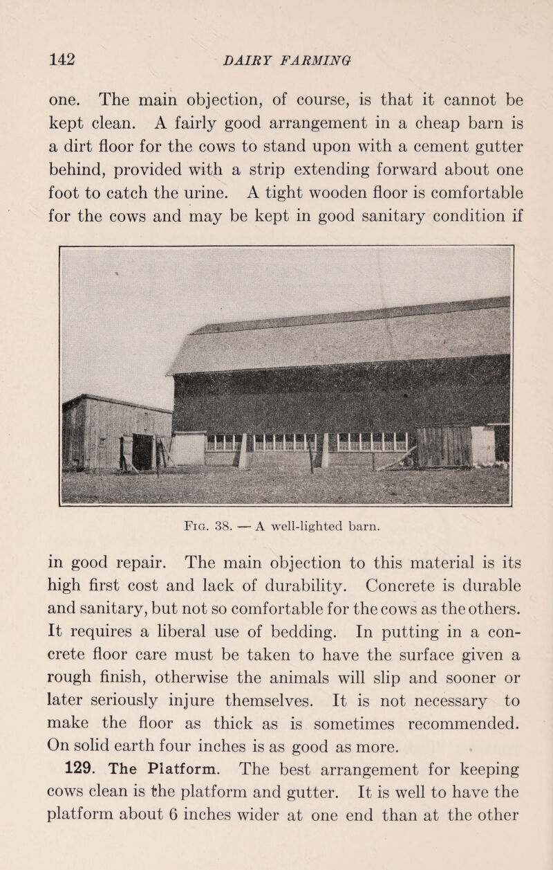 one. The main objection, of course, is that it cannot be kept clean. A fairly good arrangement in a cheap barn is a dirt floor for the cows to stand upon with a cement gutter behind, provided with a strip extending forward about one foot to catch the urine. A tight wooden floor is comfortable for the cows and may be kept in good sanitary condition if Fig. 38. — A well-lighted barn. in good repair. The main objection to this material is its high first cost and lack of durability. Concrete is durable and sanitary, but not so comfortable for the cows as the others. It requires a liberal use of bedding. In putting in a con¬ crete floor care must be taken to have the surface given a rough finish, otherwise the animals will slip and sooner or later seriously injure themselves. It is not necessary to make the floor as thick as is sometimes recommended. On solid earth four inches is as good as more. 129. The Platform. The best arrangement for keeping cows clean is the platform and gutter. It is well to have the platform about 6 inches wider at one end than at the other