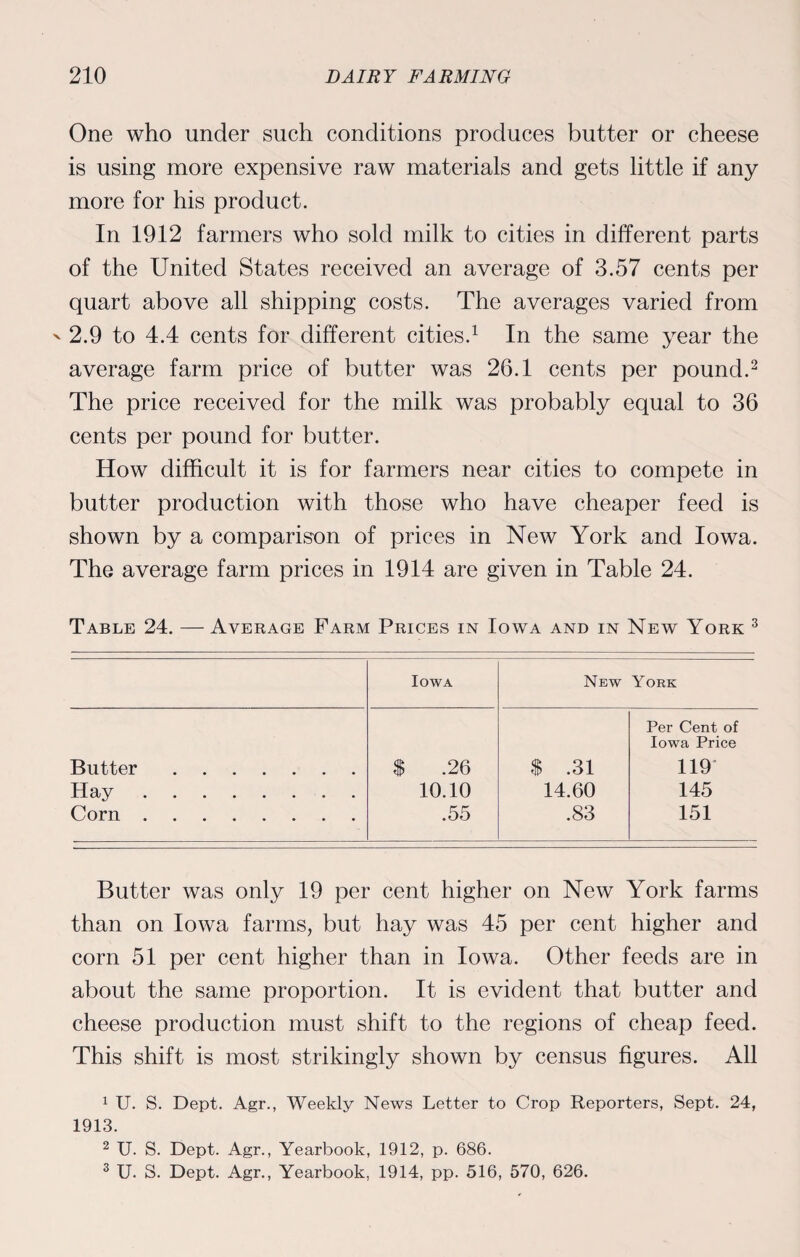 One who under such conditions produces butter or cheese is using more expensive raw materials and gets little if any more for his product. In 1912 farmers who sold milk to cities in different parts of the United States received an average of 3.57 cents per quart above all shipping costs. The averages varied from ' 2.9 to 4.4 cents for different cities.1 In the same year the average farm price of butter was 26.1 cents per pound.2 The price received for the milk was probably equal to 36 cents per pound for butter. How difficult it is for farmers near cities to compete in butter production with those who have cheaper feed is shown by a comparison of prices in New York and Iowa. The average farm prices in 1914 are given in Table 24. Table 24. — Average Farm Prices in Iowa and in New York 3 Iowa New York Butter. $ .26 S .31 Per Cent of Iowa Price 119 Hay. 10.10 14.60 145 Corn. .55 .83 151 Butter was only 19 per cent higher on New York farms than on Iowa farms, but hay was 45 per cent higher and corn 51 per cent higher than in Iowa. Other feeds are in about the same proportion. It is evident that butter and cheese production must shift to the regions of cheap feed. This shift is most strikingly shown by census figures. All 1 U. S. Dept. Agr., Weekly News Letter to Crop Reporters, Sept. 24, 1913. 2 U. S. Dept. Agr., Yearbook, 1912, p. 686. 3 U. S. Dept. Agr., Yearbook, 1914, pp. 516, 570, 626.