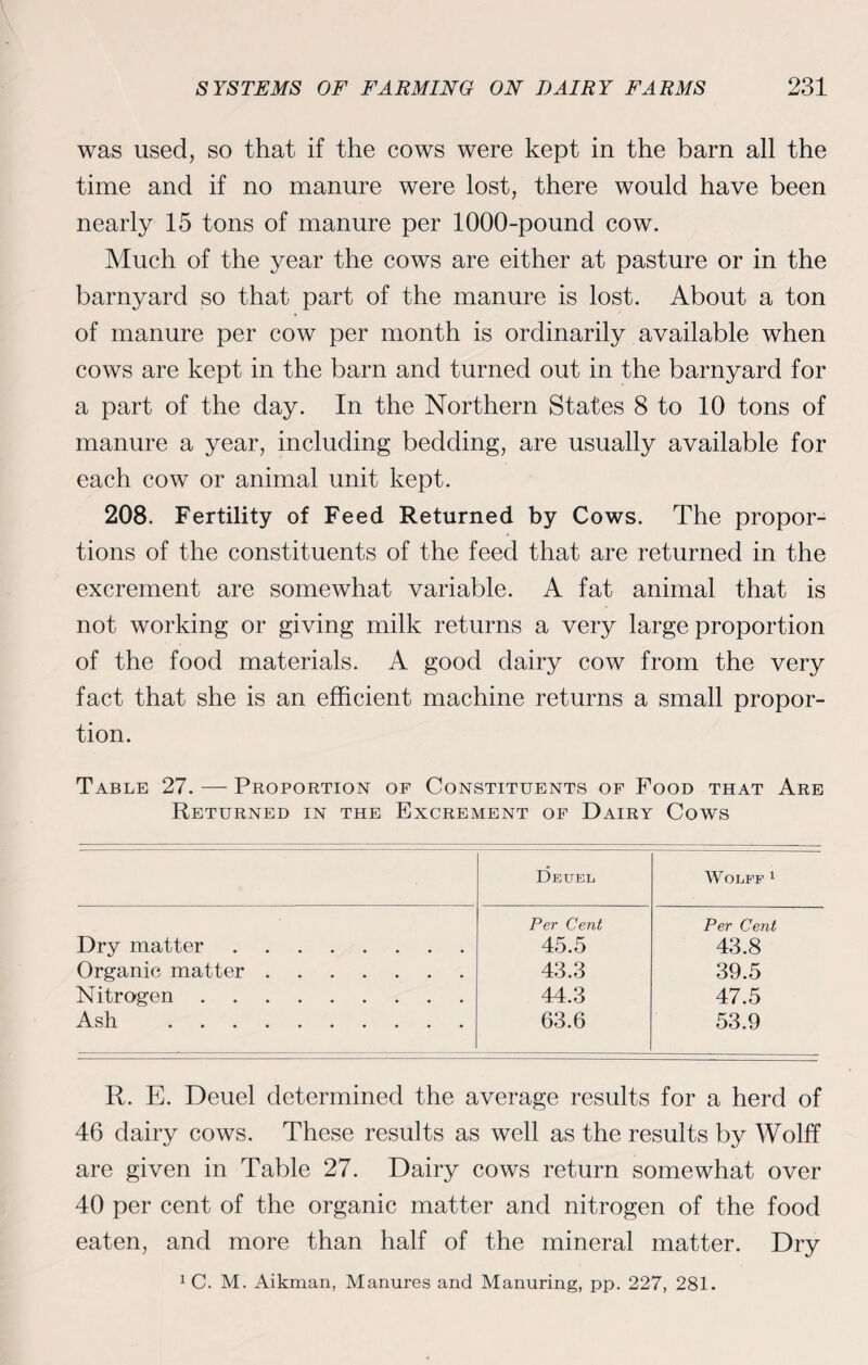 was used, so that if the cows were kept in the barn all the time and if no manure were lost, there would have been nearly 15 tons of manure per 1000-pound cow. Much of the year the cows are either at pasture or in the barnyard so that part of the manure is lost. About a ton of manure per cow per month is ordinarily available when cows are kept in the barn and turned out in the barnyard for a part of the day. In the Northern States 8 to 10 tons of manure a year, including bedding, are usually available for each cow or animal unit kept. 208. Fertility of Feed Returned by Cows. The propor¬ tions of the constituents of the feed that are returned in the excrement are somewhat variable. A fat animal that is not working or giving milk returns a very large proportion of the food materials. A good dairy cow from the very fact that she is an efficient machine returns a small propor¬ tion. Table 27. — Proportion of Constituents of Food that Are Returned in the Excrement of Dairy Cows Deuel Wolff 1 Per Cent Per Cent Dry matter. 45.5 43.8 Organic matter. 43.3 39.5 Nitrogen. 44.3 47.5 Ash . 63.6 53.9 R. E. Deuel determined the average results for a herd of 46 dairy cows. These results as well as the results by Wolff are given in Table 27. Dairy cows return somewhat over 40 per cent of the organic matter and nitrogen of the food eaten, and more than half of the mineral matter. Dry 1 C. M. Aikman, Manures and Manuring, pp. 227, 281.